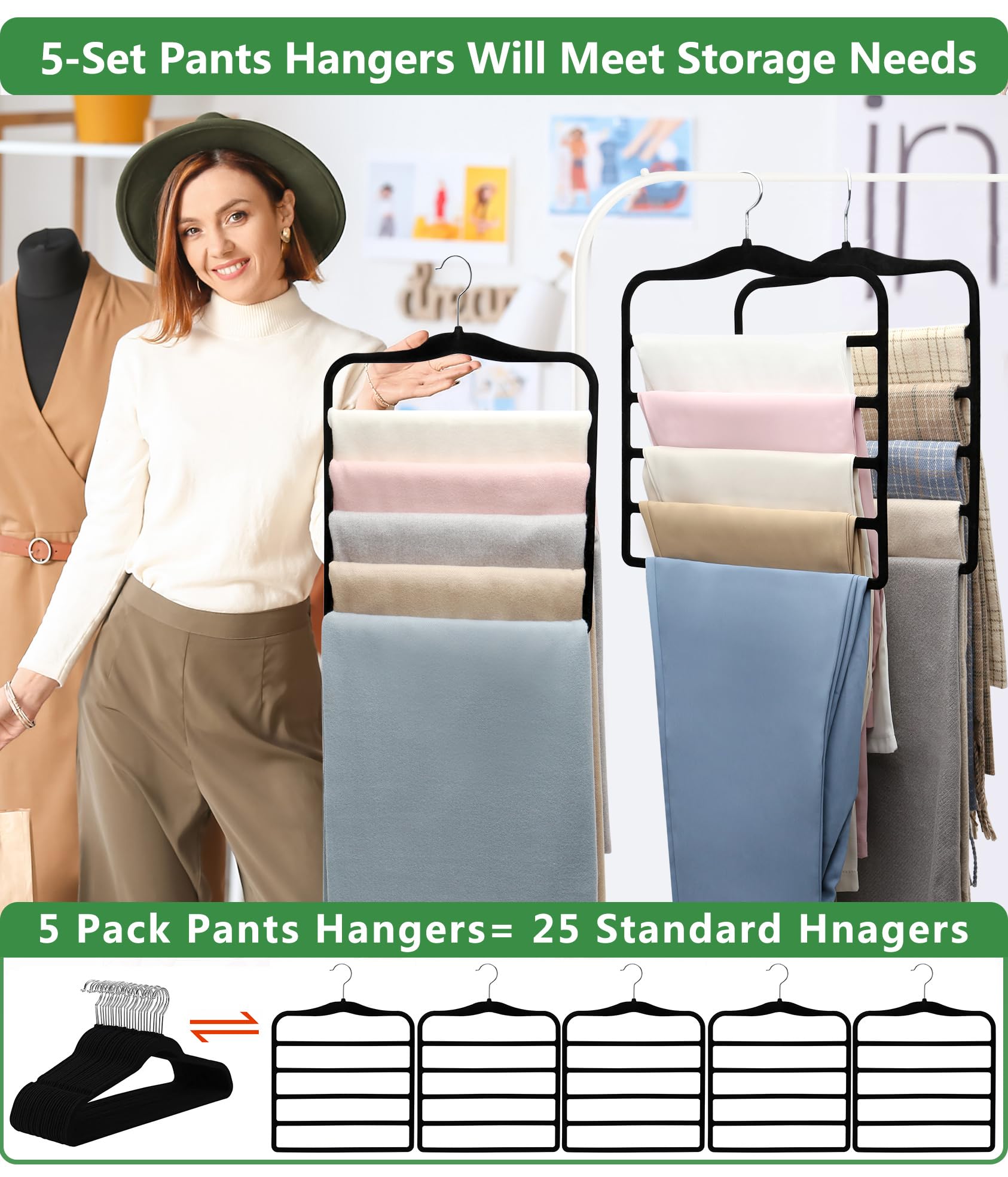 Pants Hangers Space Saving 5P Scarf Hangers for Closet Organizers and Storage Non Slip Velvet Hanger for Closet Organizer College Dorm Room Essentials Heavy Duty Organization and Storage Jean Hangers