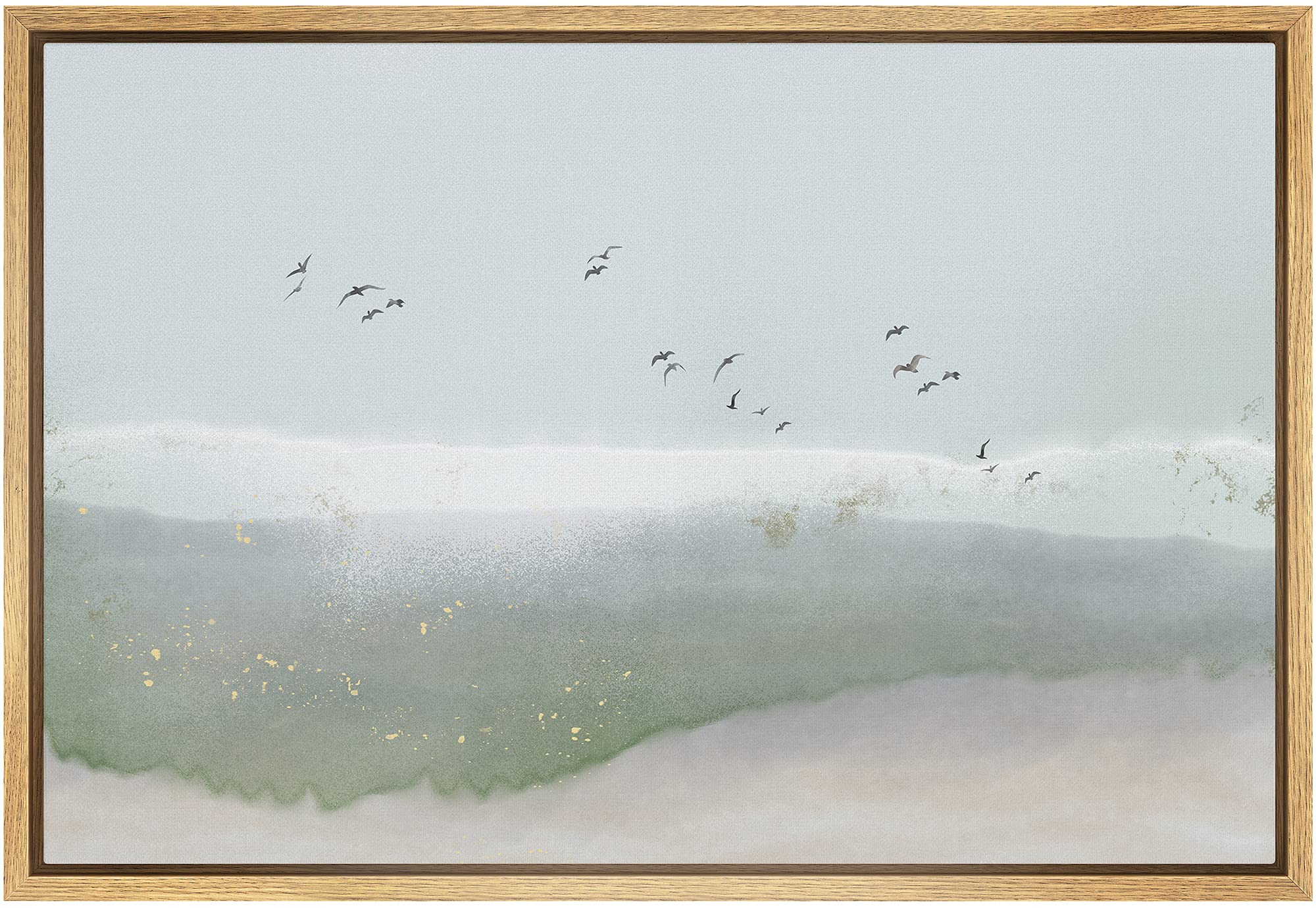 Signford Framed Canvas Print Wall Art Gray & Green Watercolor Sky With Birds Abstract Shapes Illustrations Modern Art Bohemian S