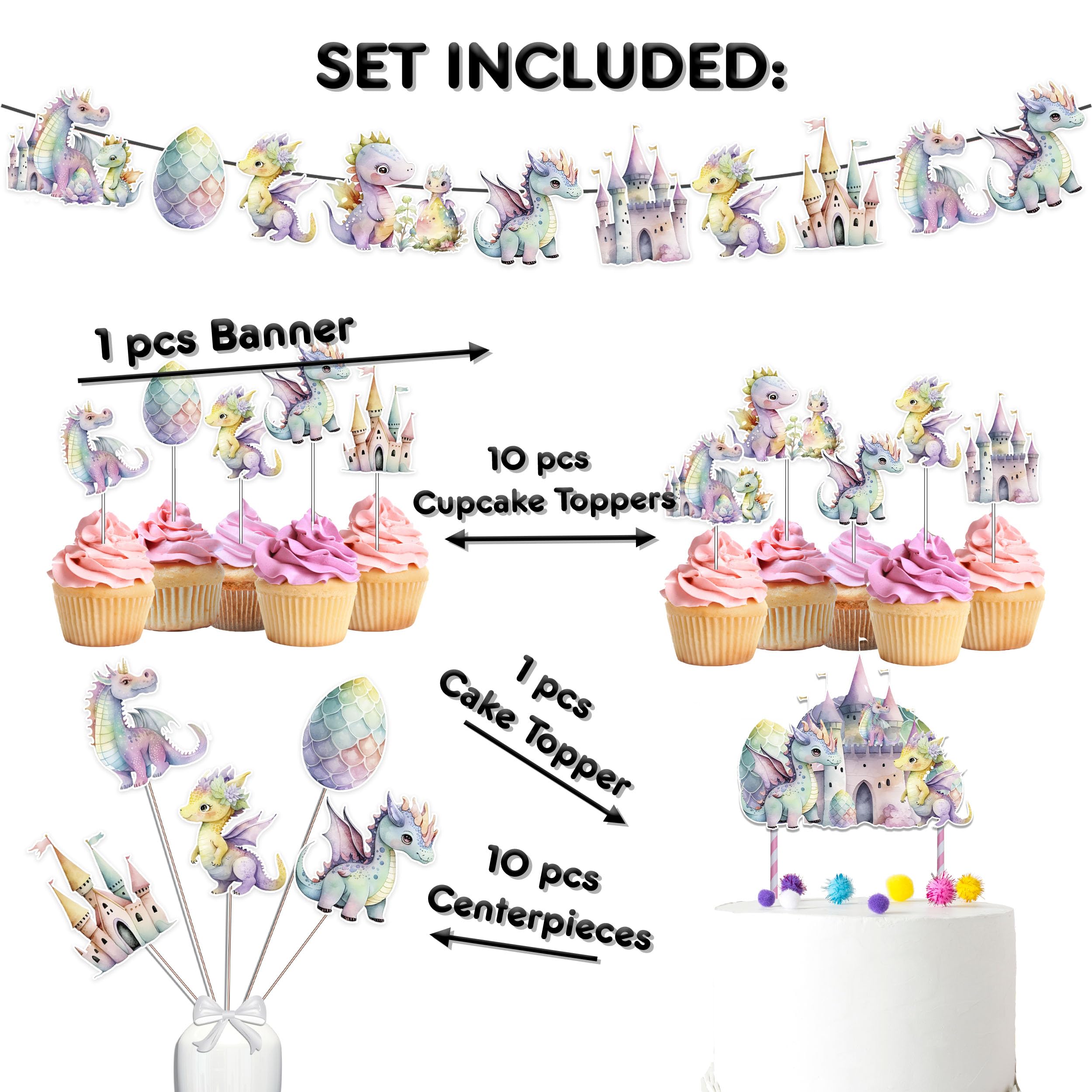 Pink Dragons Baby Shower And Birthday Party Supplies Set - Banner, Centerpieces, Cupcake Toppers, Cake Topper