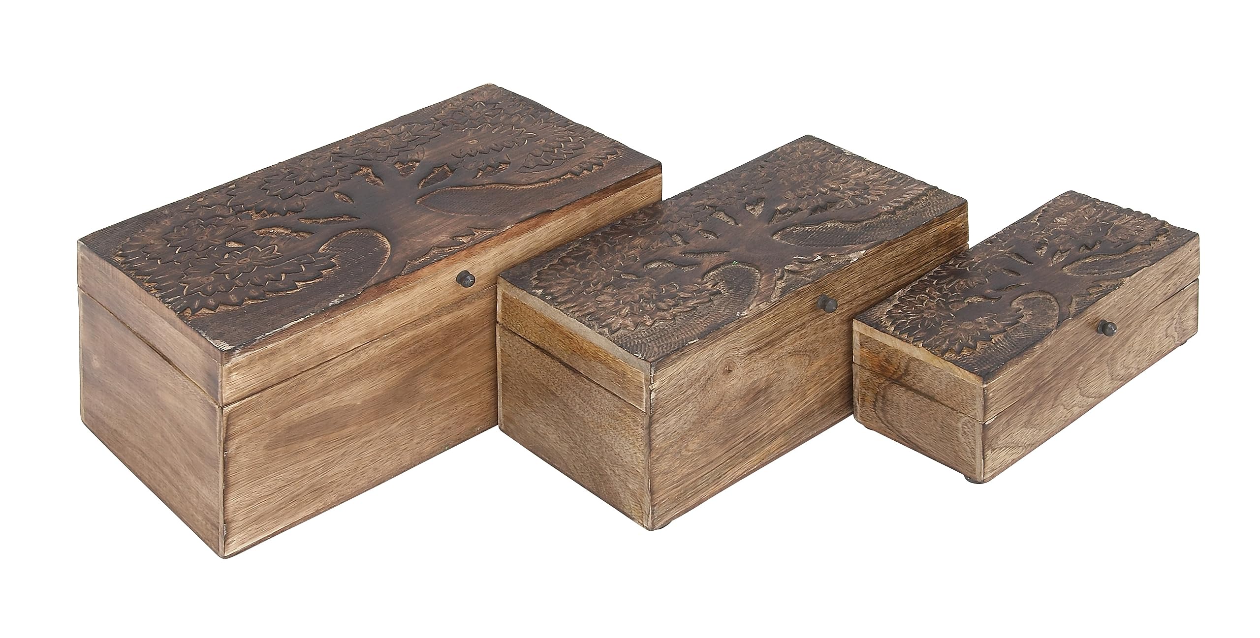 Deco 79 Mango Wood Floral Handmade Decorative Box Decorative Keepsake Boxes with Hinged Lid, Set of 3 Storage Boxes 8, 10, 12W, 