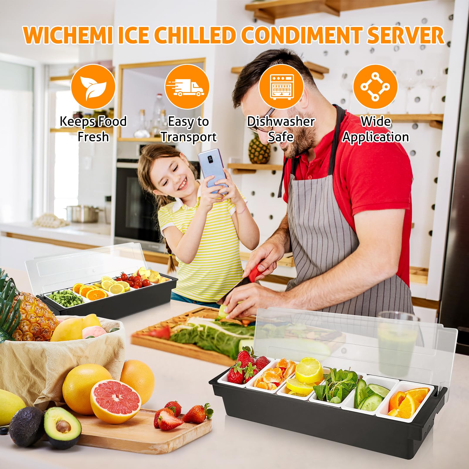 Wichemi Fruit, Veggie & Condiment Caddy With Lid Dispenser Tray Plastic Garnish Station For Bartending & Serving Taco, Ice Cream