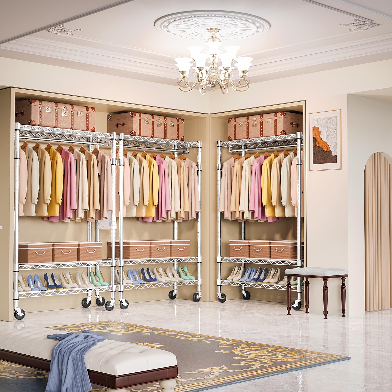Mzg Heavy Duty Rolling Garment Rack 3 Tiers Adjustable Wire Shelving Clothes Rack With Rods And Side Hooks,Storage Closet Clothi