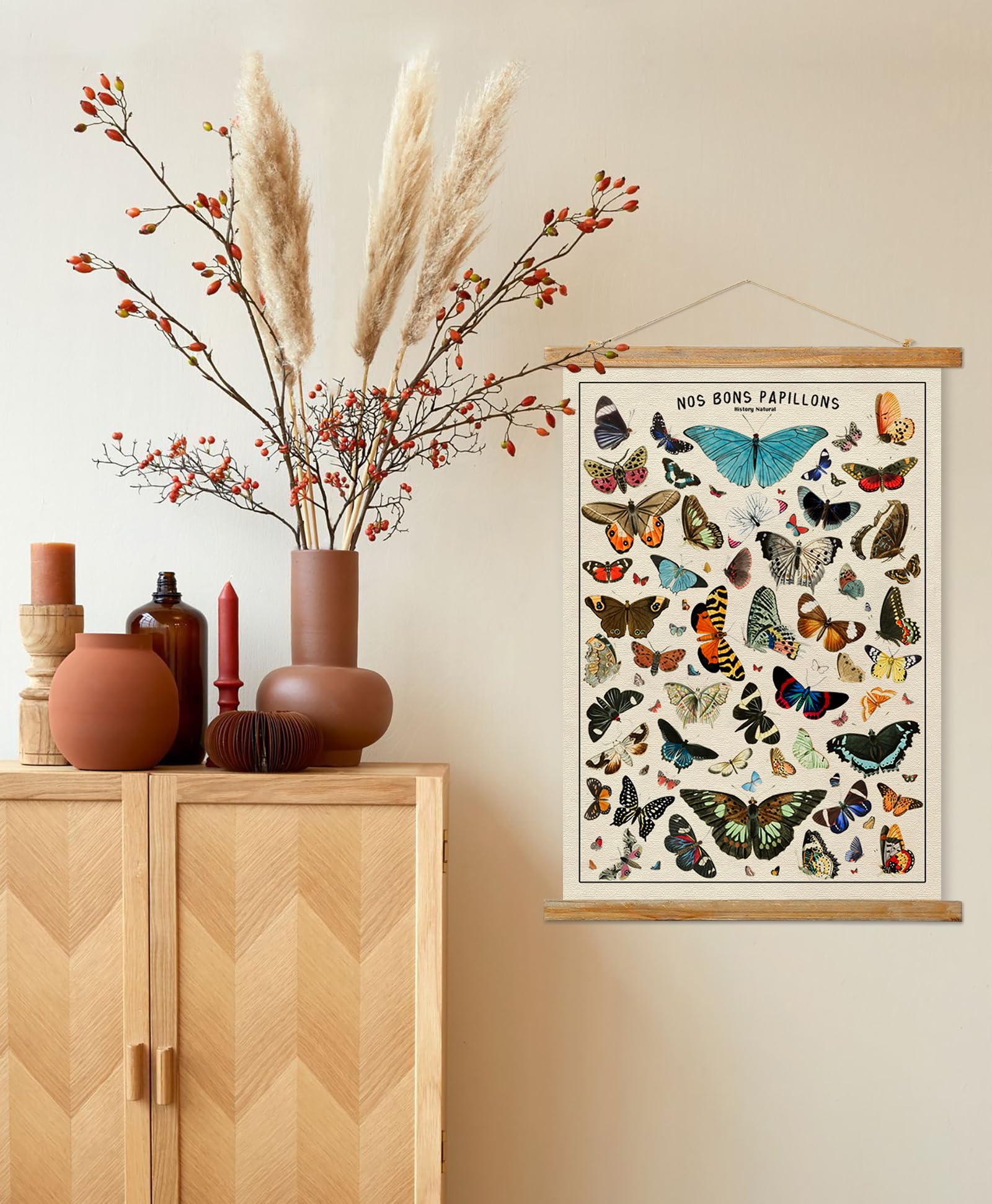 Ovfovy Vintage Butterfly Poster Hanger Frame, Aesthetic Wall Art Prints, Printed On Linen With Wooden Frame, Retro Texture Room