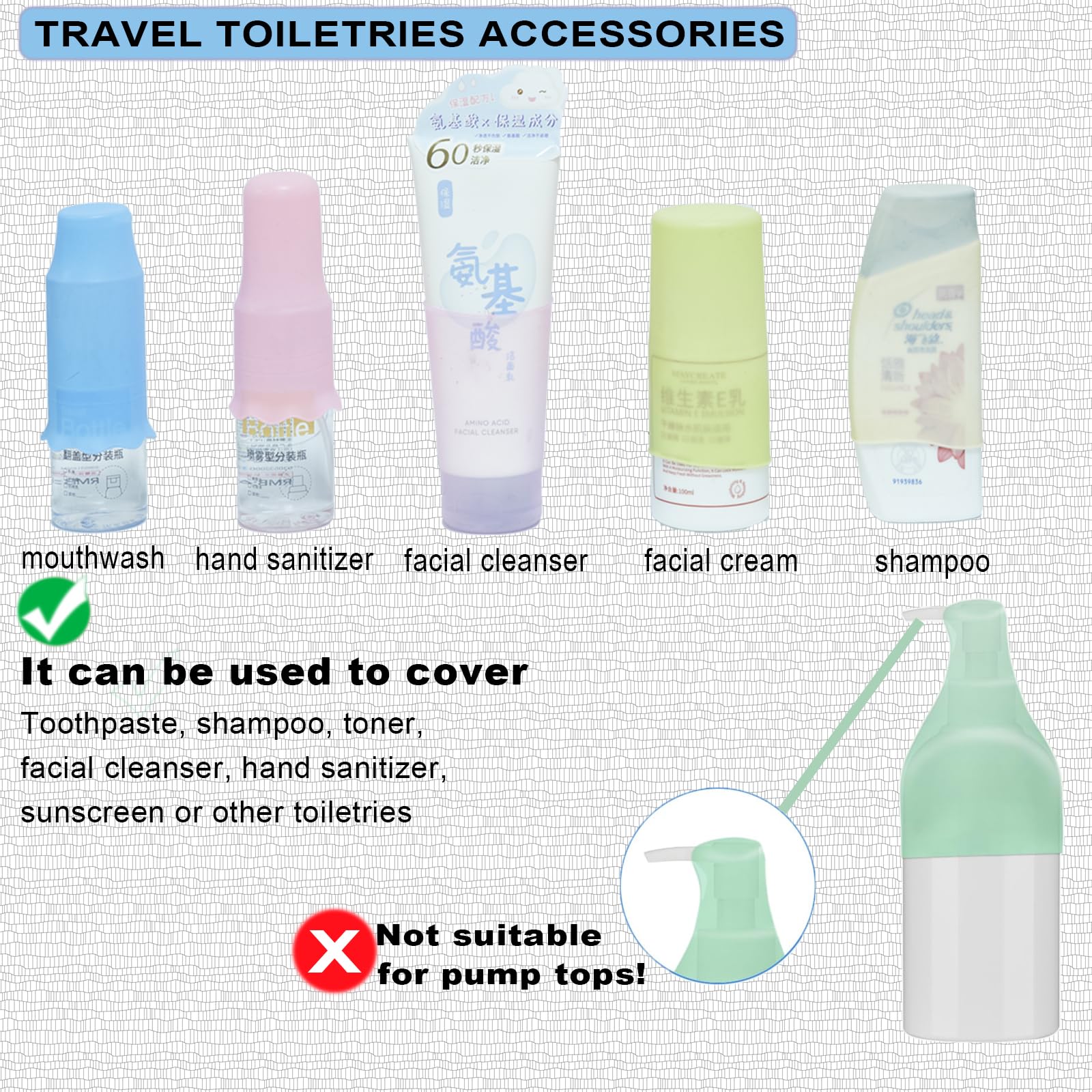 NELSHP Travel Bottle Covers 8 Pack Silicone Travel Size Container Sleeves Stretching Travel Accessories for Shampoo Lotion Conditioner Wash Body Bottles(Blue/Black/White/Pink)