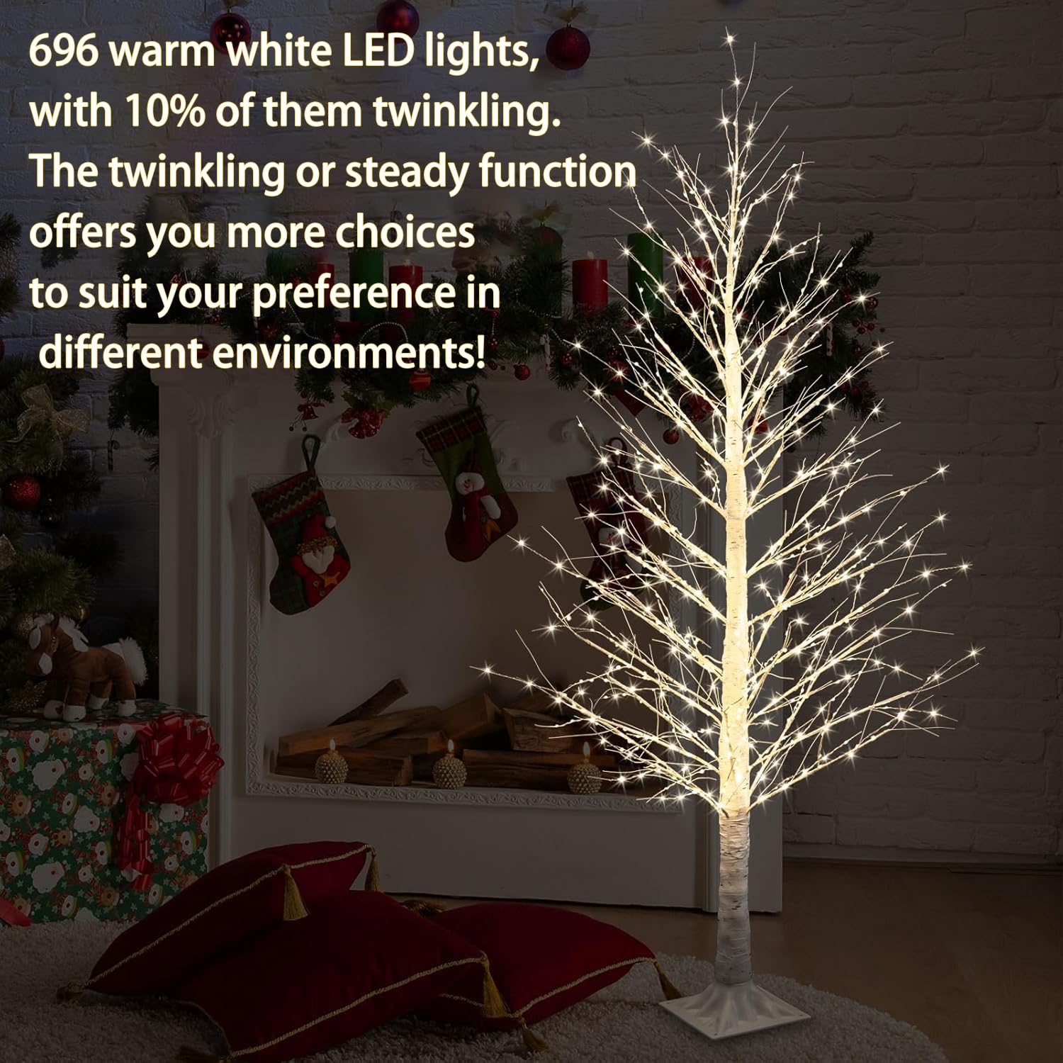 IJG 6FT 696LED Christmas Birch Tree Warm White Lights with Twinkle, LED Lighted Tree for Indoor Outdoor Home Party Decorations
