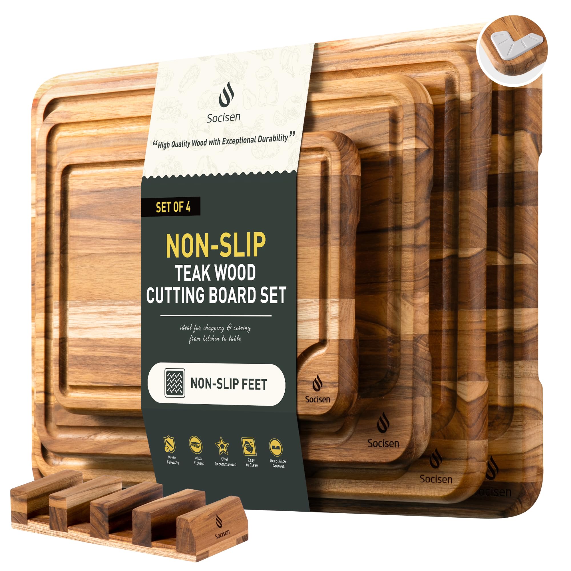 4 Pack Teak Wood Cutting Board Set for Kitchen Heavy Duty Non Toxic Non Slip Solid Thick Wood Haus Chopping Board Extra Large Bi