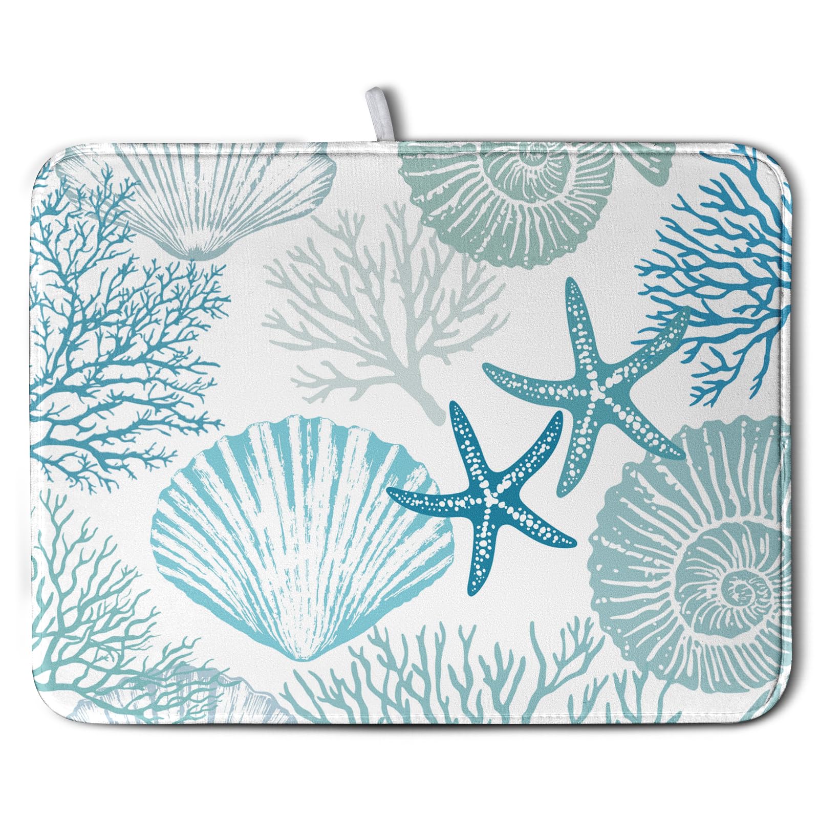 Summer Teal Dish Drying Mat for Kitchen Counter Nautical Coastal Blue Dishes Drainer Mats Turquoise Beach Coral Seashell Starfis