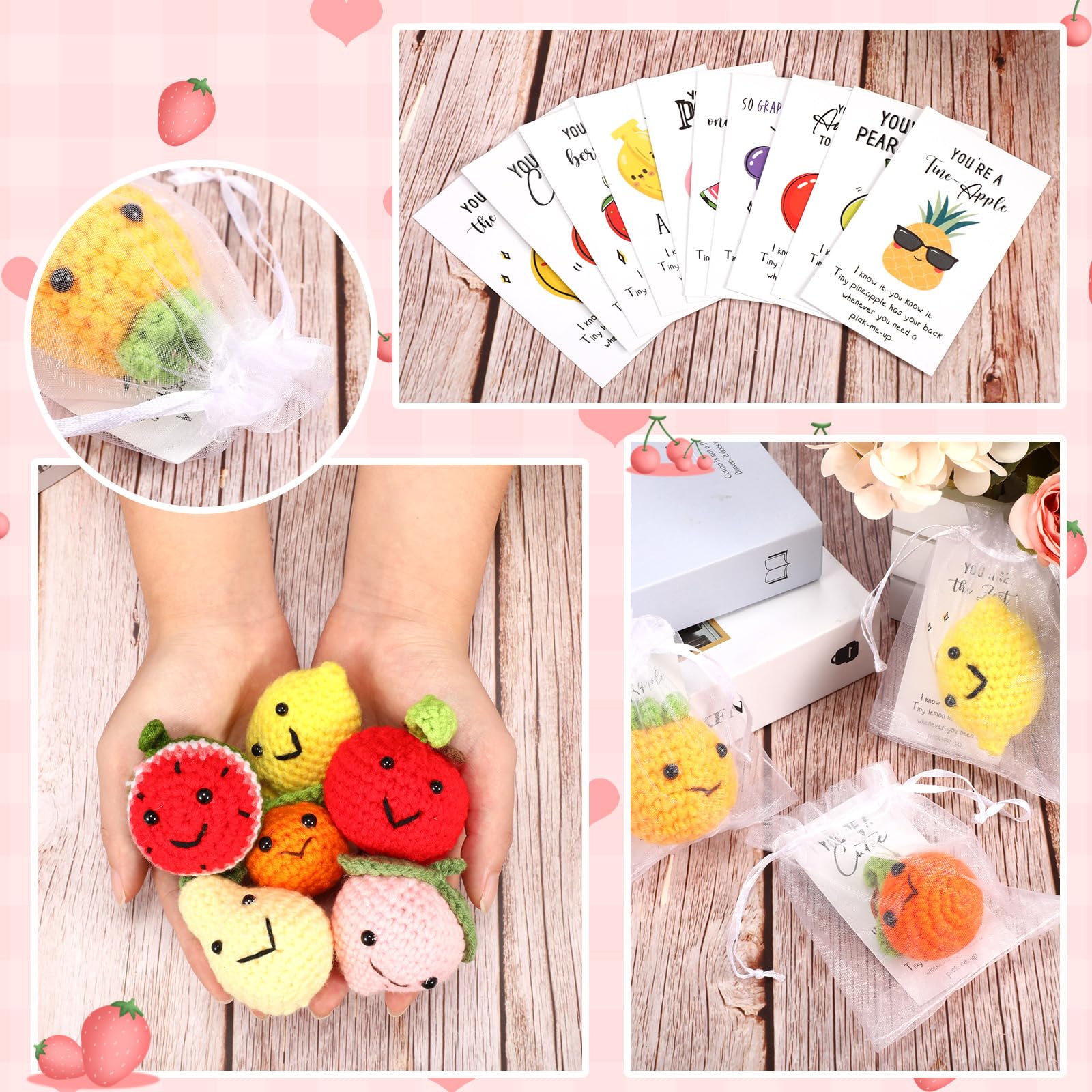 Shappy 30 Sets Inspirational Positive Fruit Toy Gift Cute Funny Wool Knitted Fruit Mini Employee Appreciation Gift Motivational