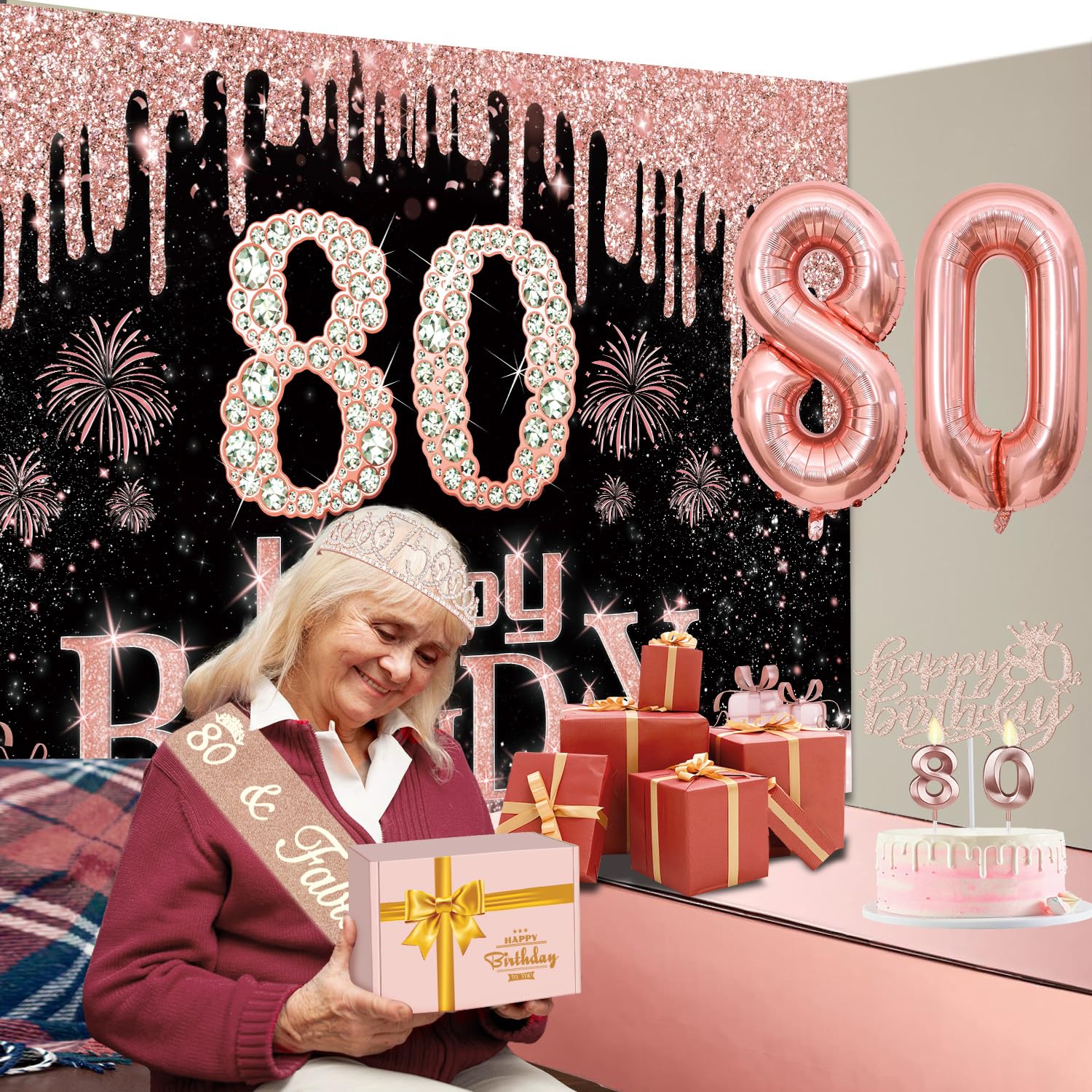 80Th Birthday Decorations For Women With Banner, Rose Gold Tablecloth, Number Balloons, 80Th Birthday Sash And Tiara, Cake Toppe