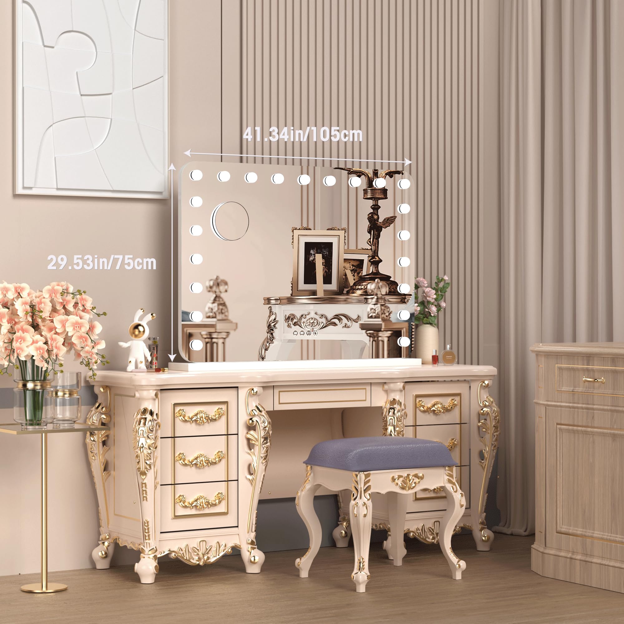 42''X30'' Hollywood Vanity Mirror With Lights, Lighted Makeup Mirror With 21 Dimmable Led Bulbs, 3 Color Lighting Modes & Steple