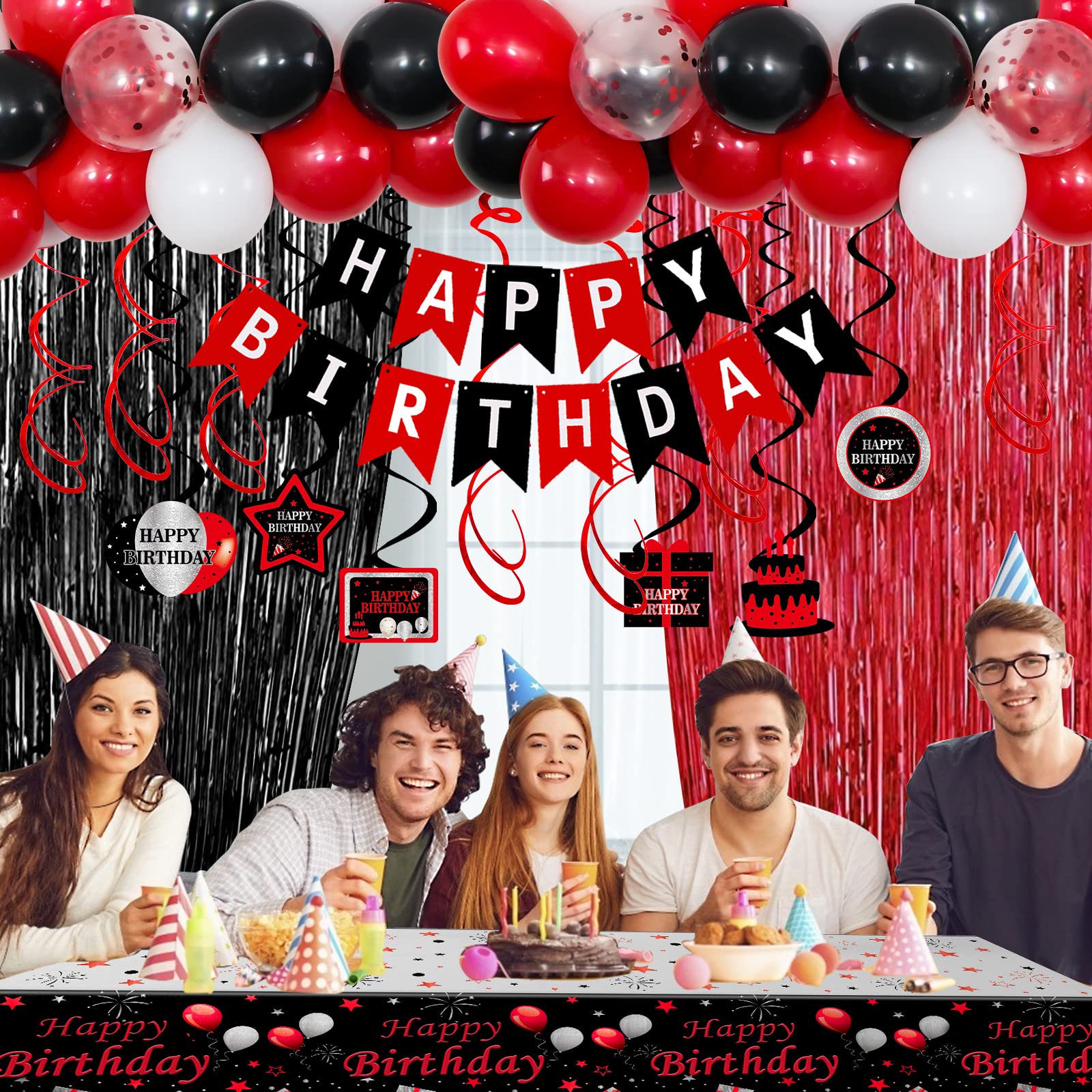 16Th Birthday Decorations For Boys Girls,Red And Black 16Th Birthday Balloons Banner Number 16 Balloon Hanging Swirls Tablecloth