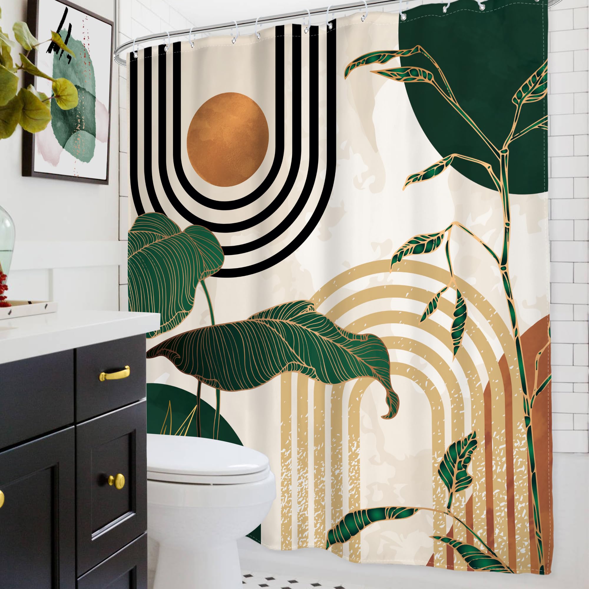 Glawry Green Abstract Mid Century Shower Curtain Boho Retro Tropical Palm Tree Sun Arch Minimalist Modern Bathroom Aesthetic Geo