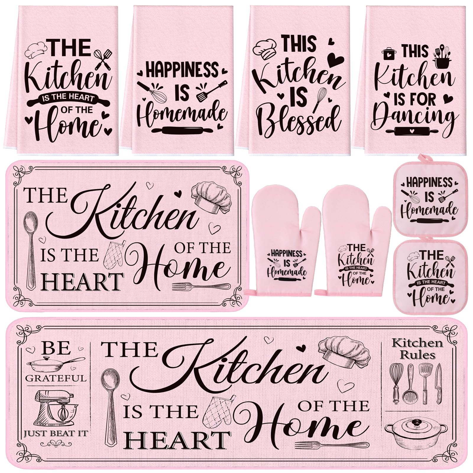 Fourluoo 10 Pcs Christmas Farmhouse Kitchen Decor and Accessories Set 4 Kitchen Towels 2 Pot Holders 2 Oven Mitts 2 Rugs for Tha