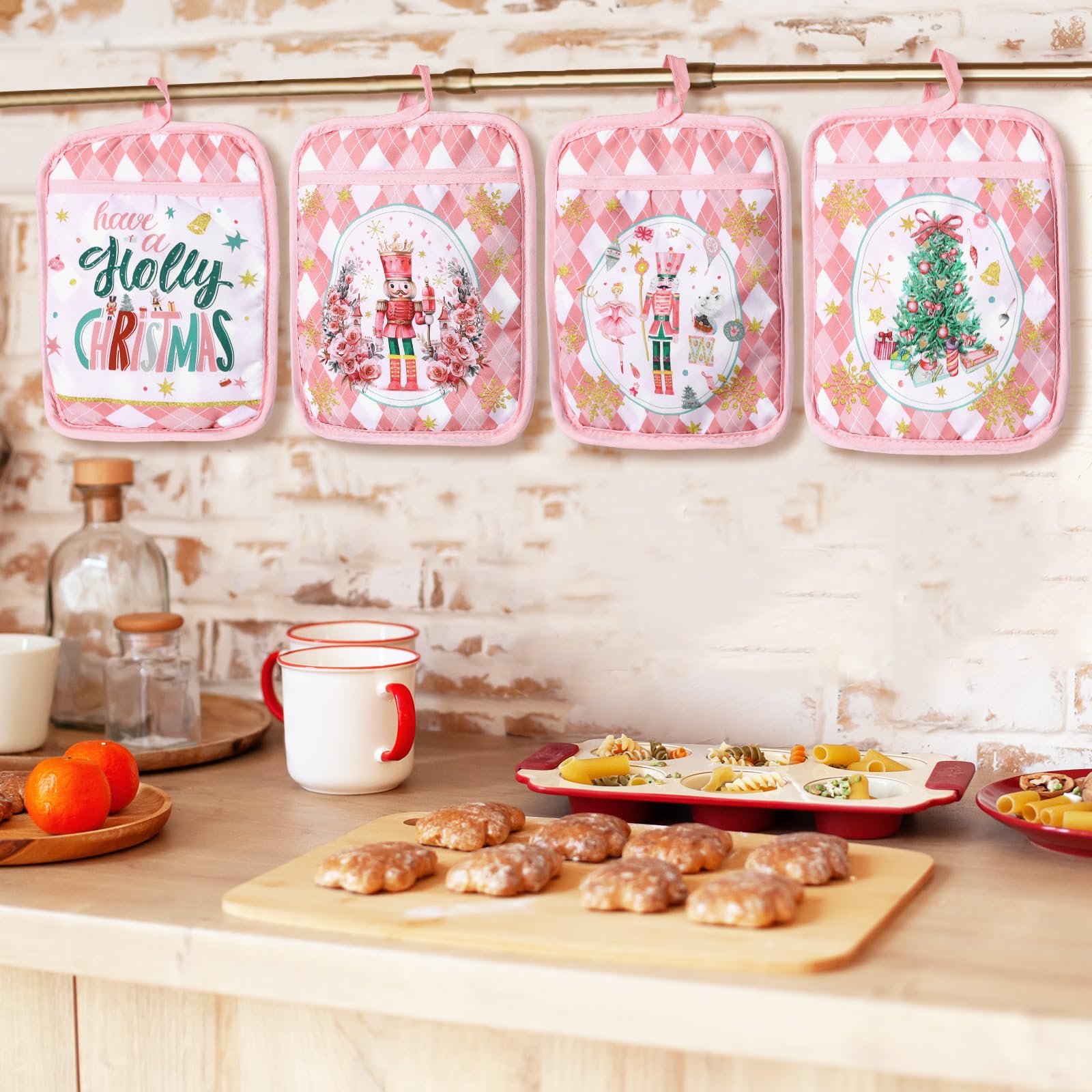 Jingmore 12 Pcs Christmas Pot Holders with Pocket Pink Nutcrackers Pot Holders for Kitchen Xmas Tree Hot Pads and Oven Mitts Pot
