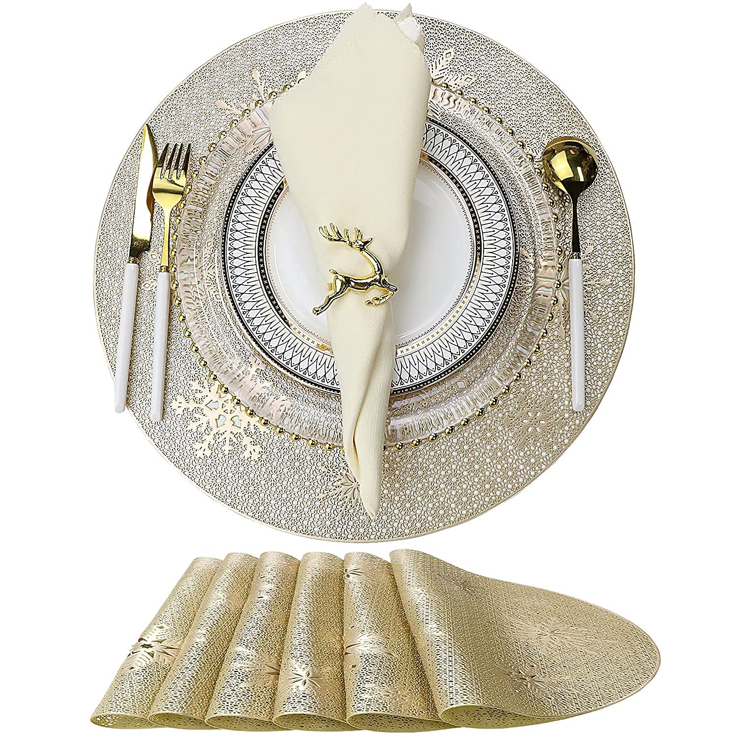 Femge Christmas Round Gold Placemats Of 6 For Dining Table Mats Set Wipeable Snowflake Placemats For Kitchen Table Plastic Soft
