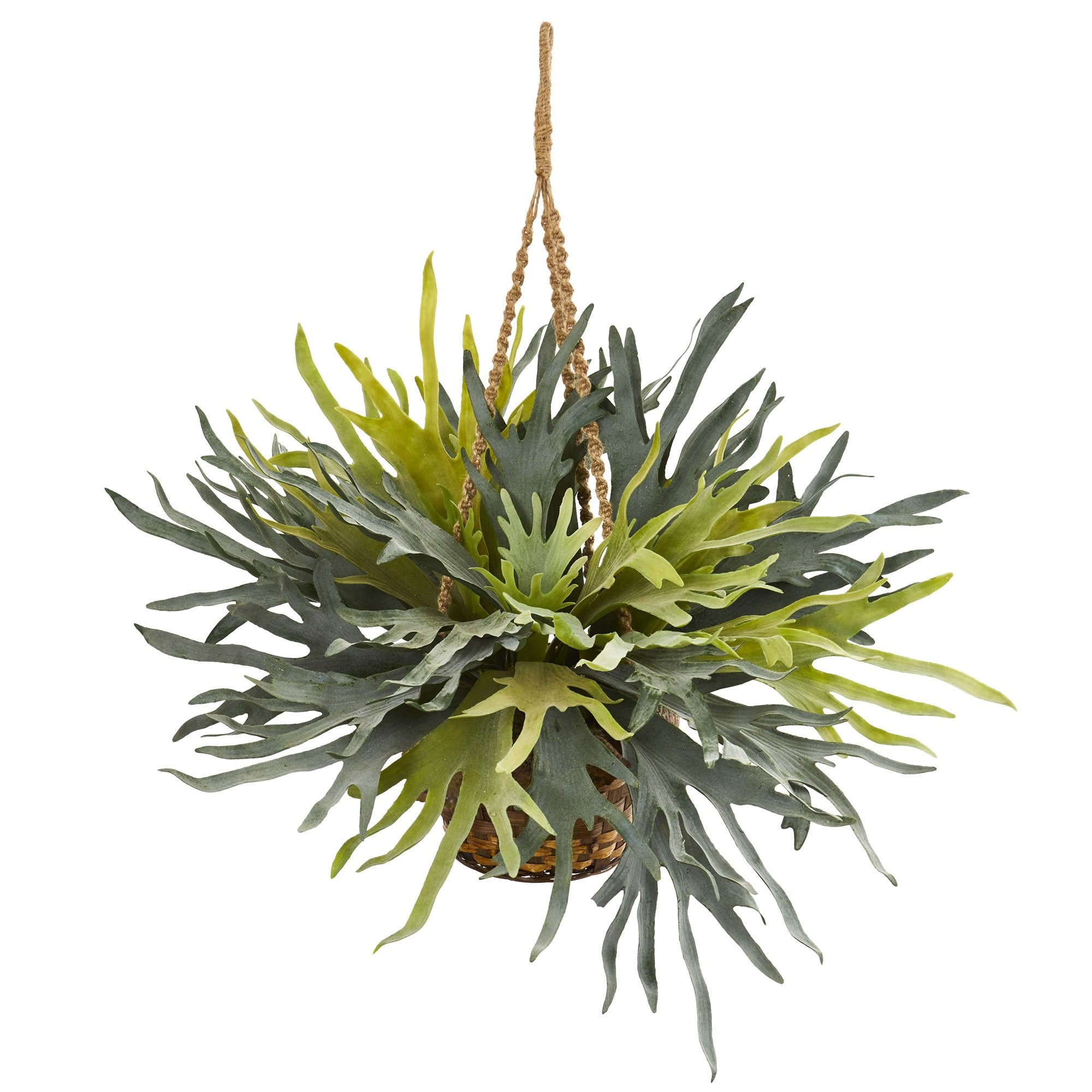 Nearly Natural Staghorn Hanging Basket Artificial Plant, Green