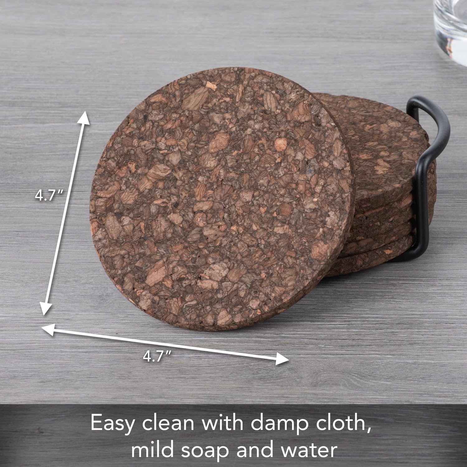 Thirstystone Set of 6 Thick Dark Cork Coasters in Attractive Black Coaster Holder 4.7'' Round Durable Absorbent Easily Wipes Clean