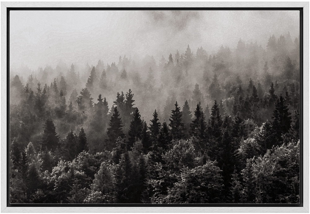 Wall26 Framed Canvas Wall Art - Misty Forest In Black And White - Gallery Wrap Modern Home Art  Ready To Hang - 16''X24'' White