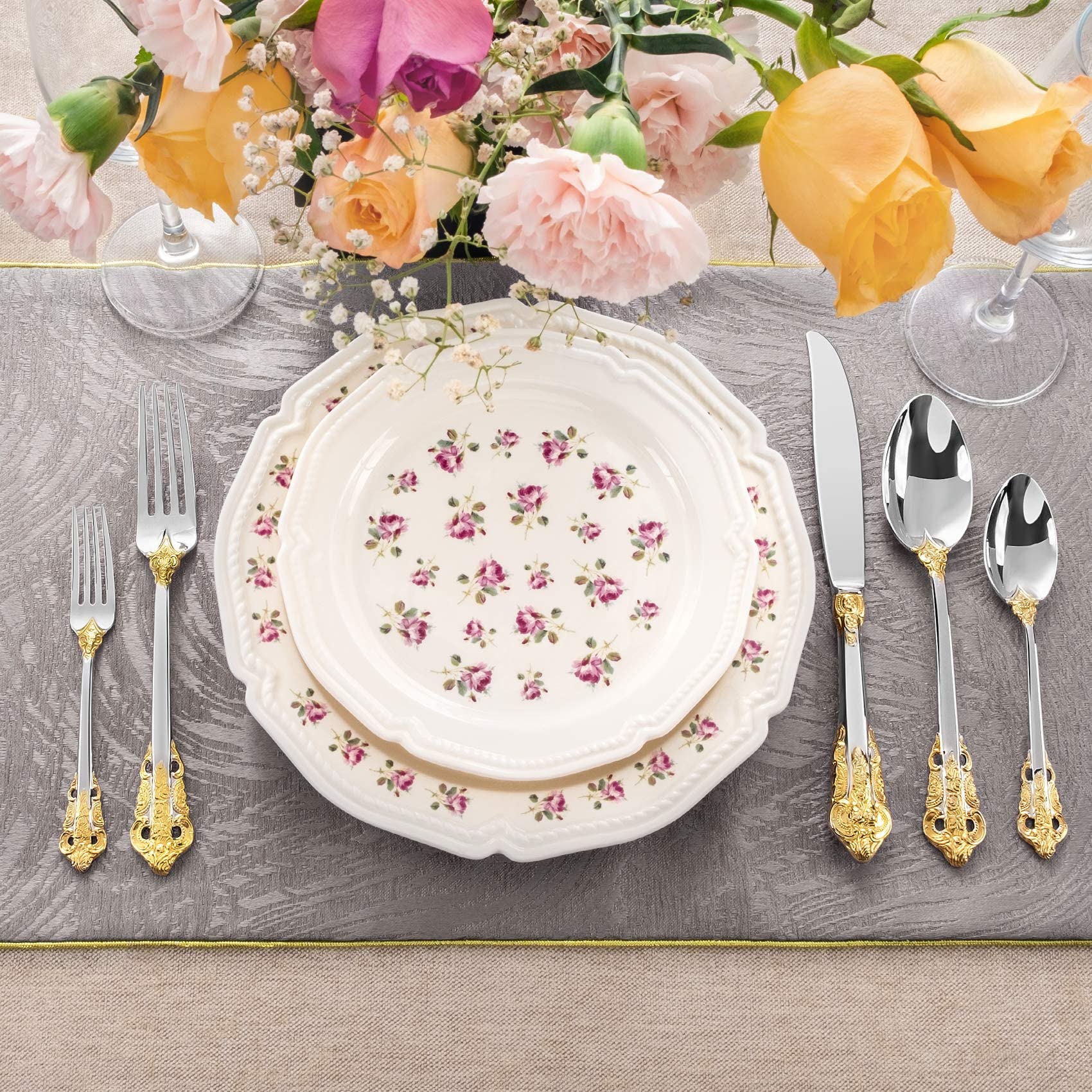 Keawell Luxury 45 Pieces 18/10 Stainless Steel Flatware Set, Service For 8, Silver Plated With Gold Accents, Fine Silverware Set