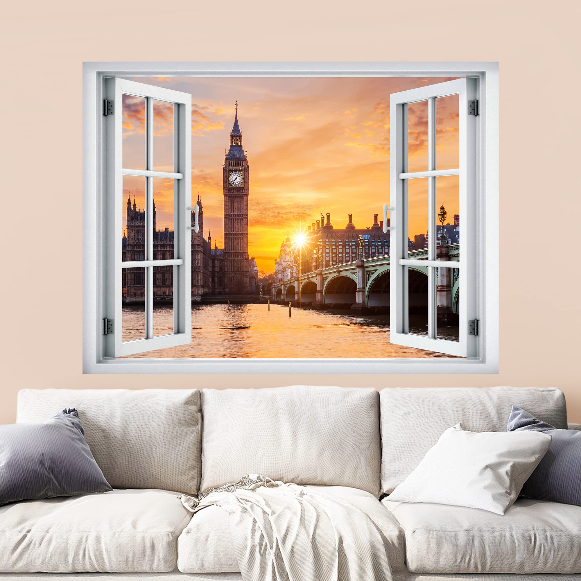 wall26 Removable Wall Sticker/Wall Mural Window View London England Big Ben Bridge at Sunset Nature Wilderness Photography Realism Landscape Multicolor for Living Room  Bedroom  Office - 24''x32''