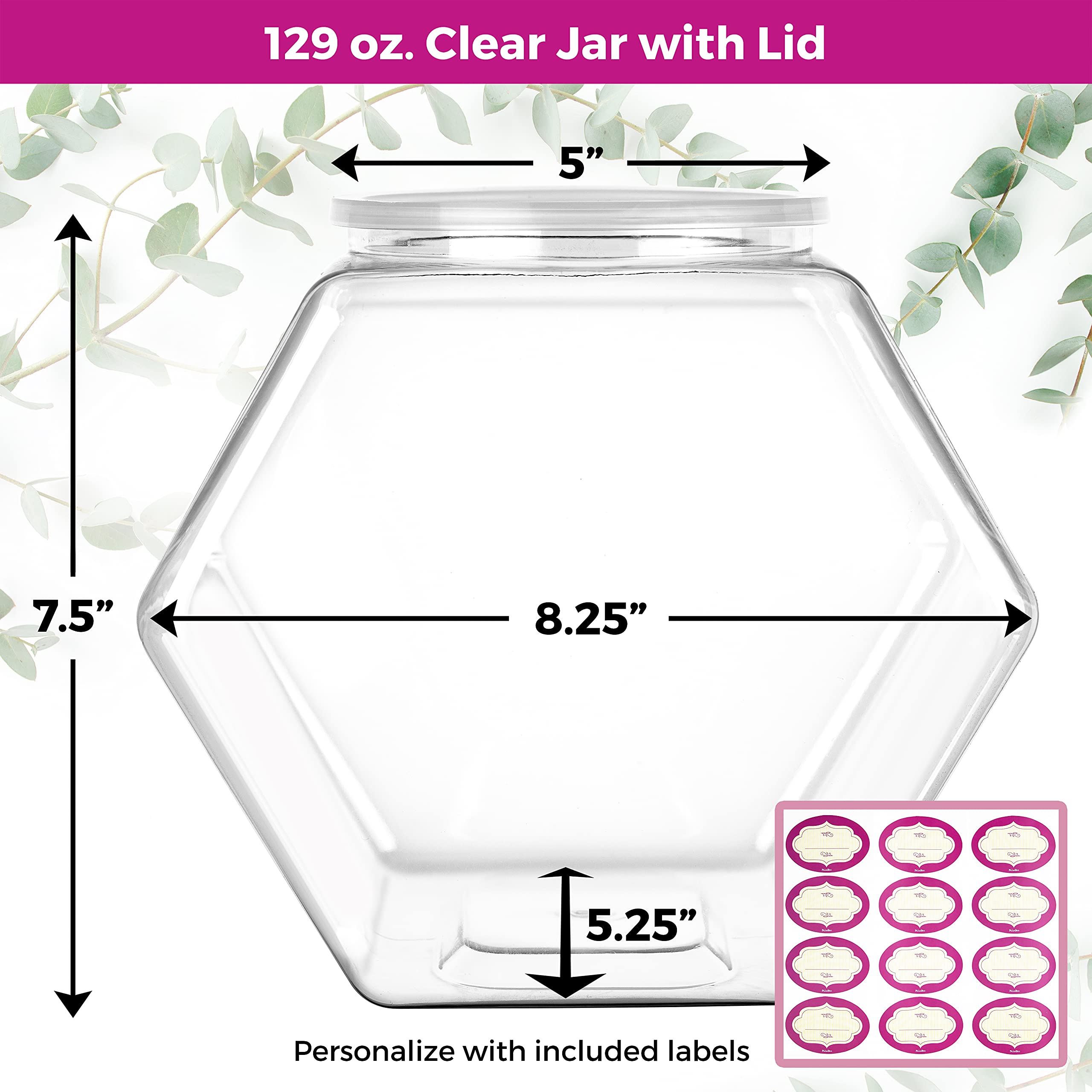 Dilabee 2-Pack Plastic Cookie Jar - 1 Gallon Hexagon Candy Jars With Lids For Candy Buffet, Kitchen & Office - Clear Jars With L