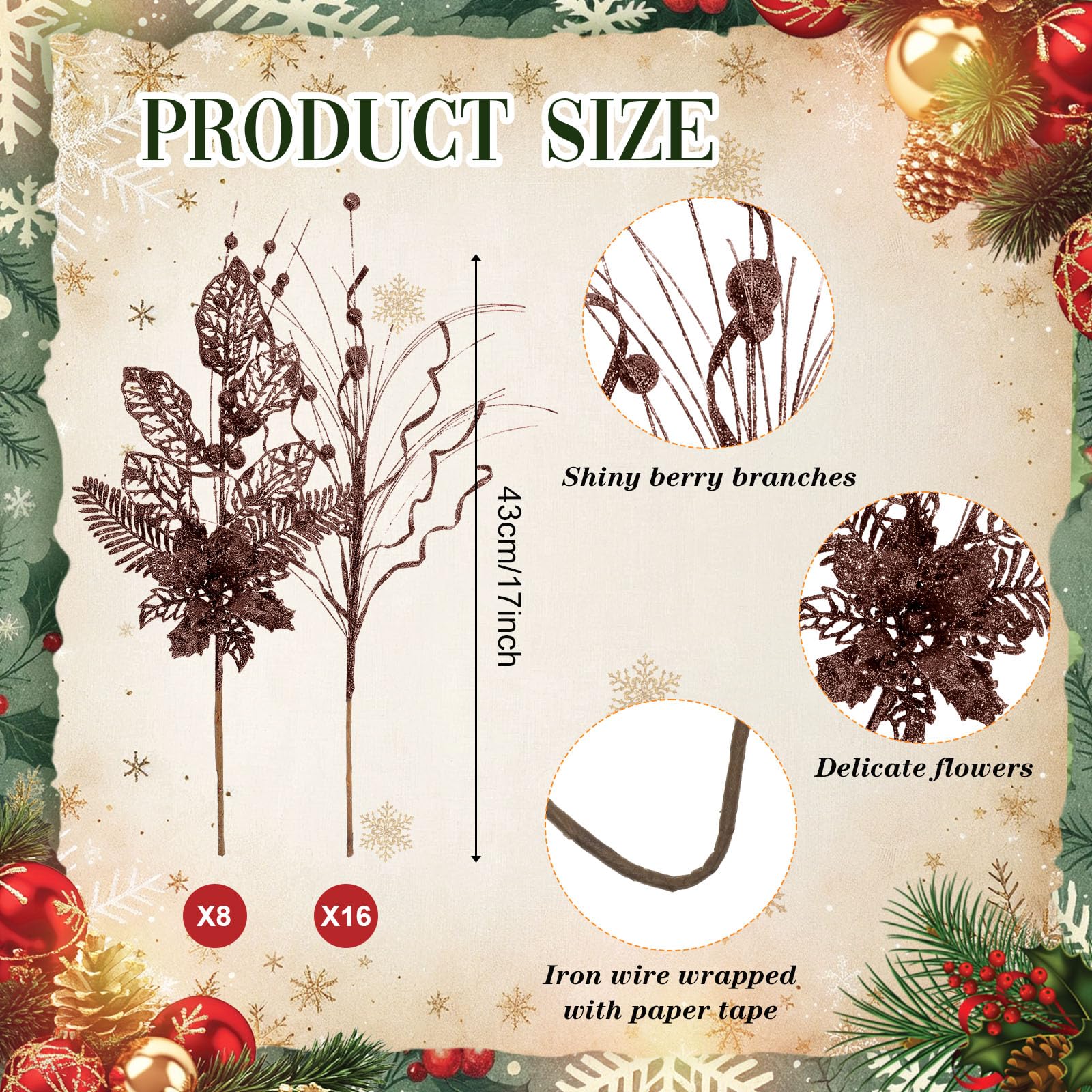 Yunlly 24 Pcsbrown Christmas Tree Picks and Sprays Glitter Berry Stem Branches Artificial Christmas Picks Twigs Xmas Tree Orname