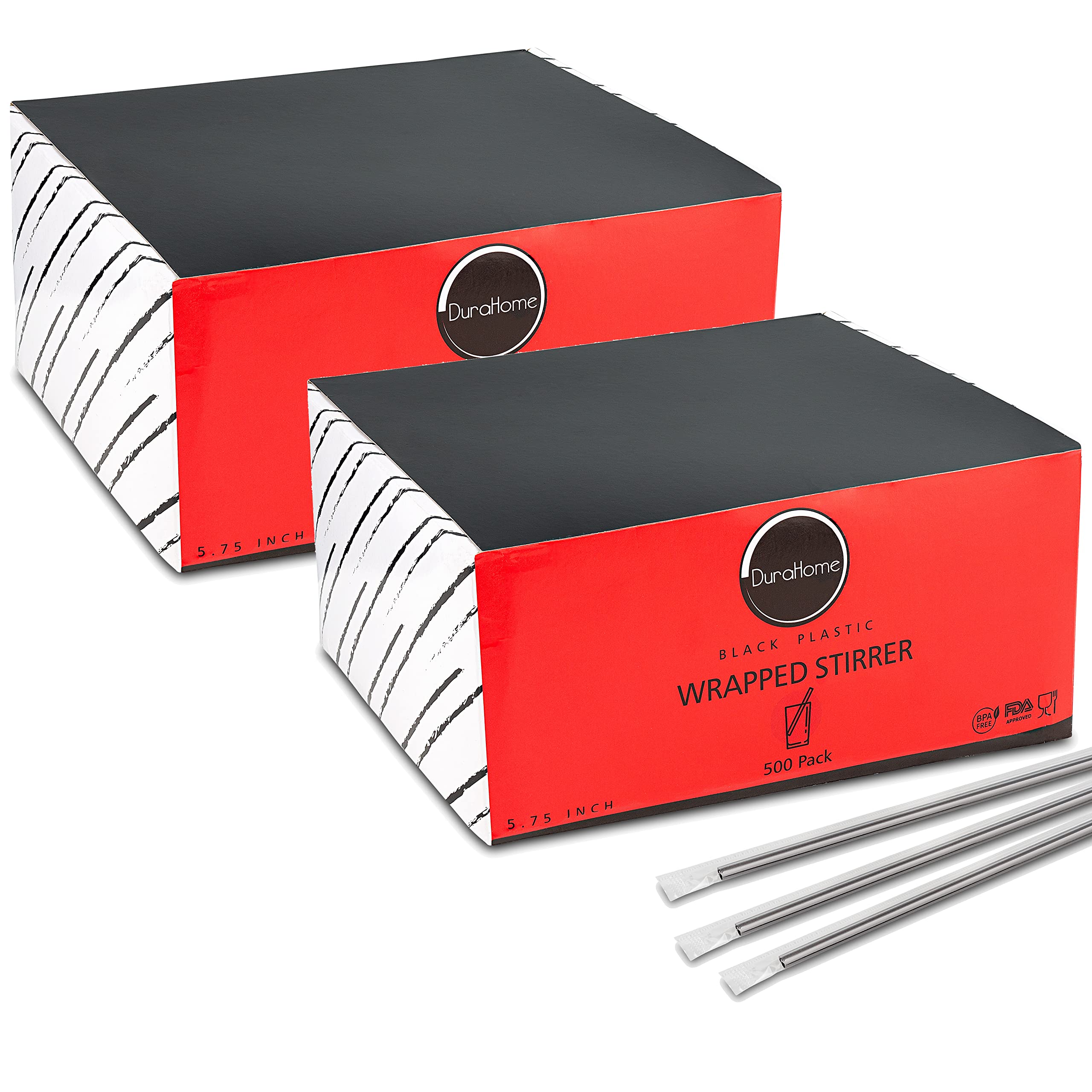 Durahome Plastic Stirrer Straws Individually Wrapped 1000 Pack, Black 5.75-Inch Sip Drinking Stir Sticks For Cocktails And Coffe