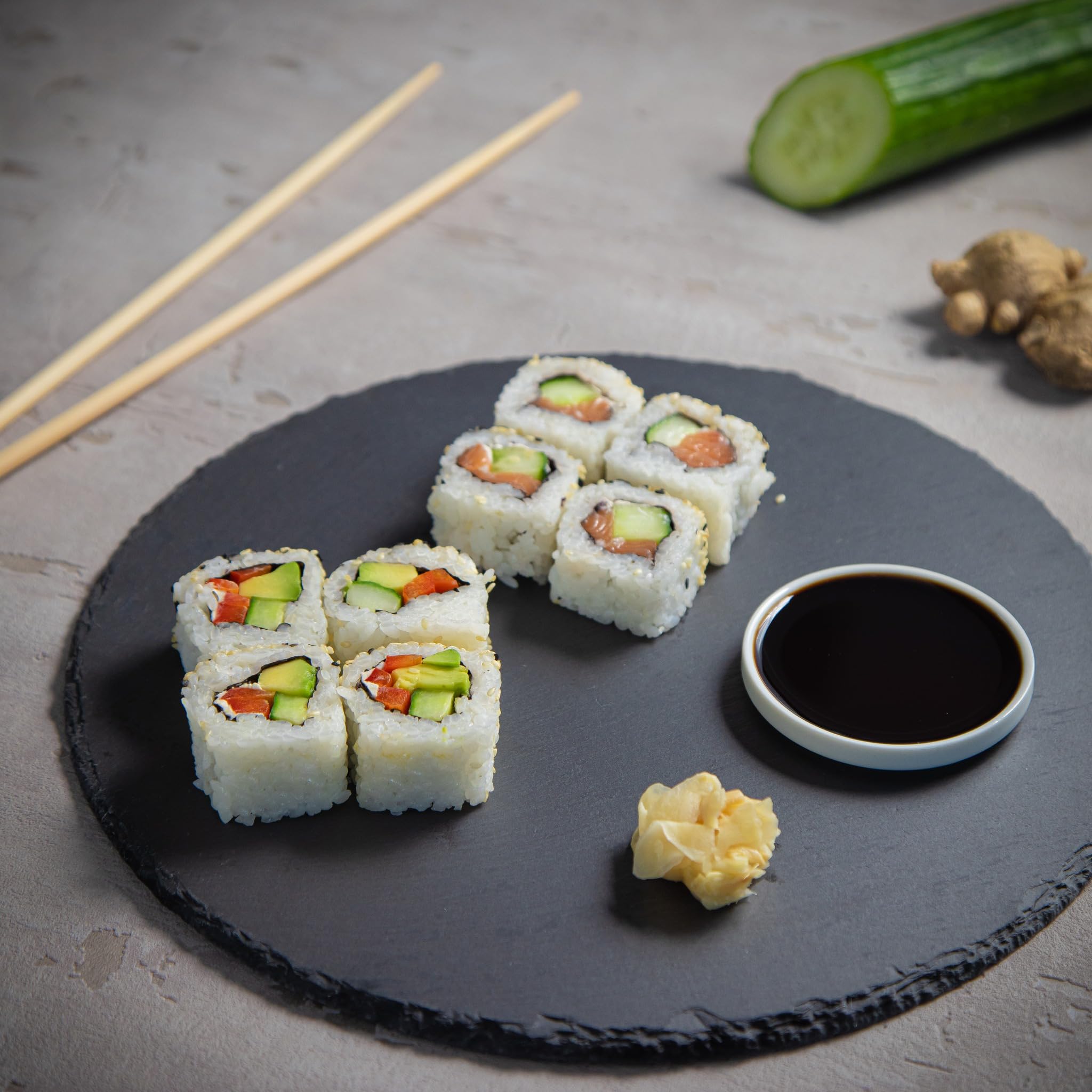 Cilio Slate Round Cheese Board, Natural Stone Tray For Serving Cheese, Charcuterie, Sushi, Appetizers, And More, Black, 11'' Dia