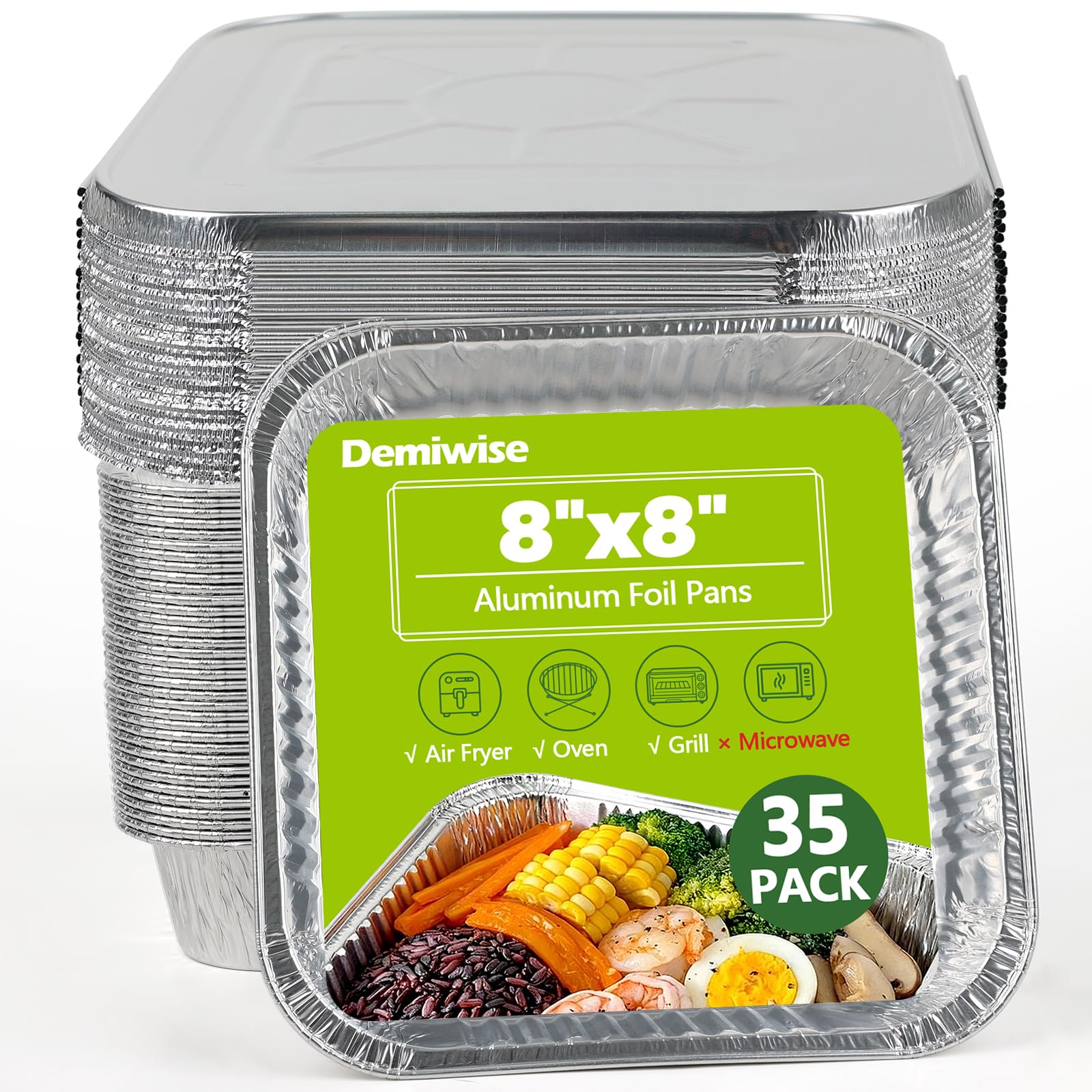 Demiwise Thickened 35 Pack Heavy Duty Aluminum Pans with Lids, 8x8 Square Disposable Aluminum Baking Pans, Small Foil Pans with 