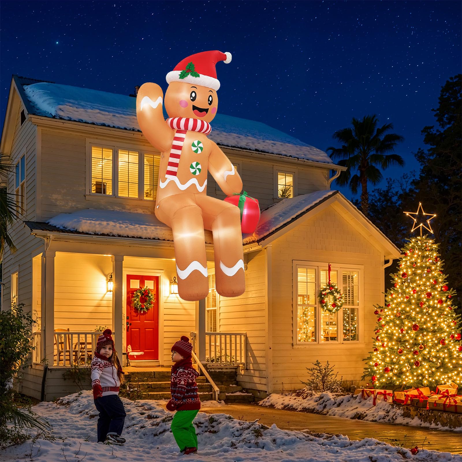 GUDELAK 10FT Christmas Inflatable Outdoor Decoration, Sitting Waving Gingerbread Inflatables Outdoor Decorations with Built-in L