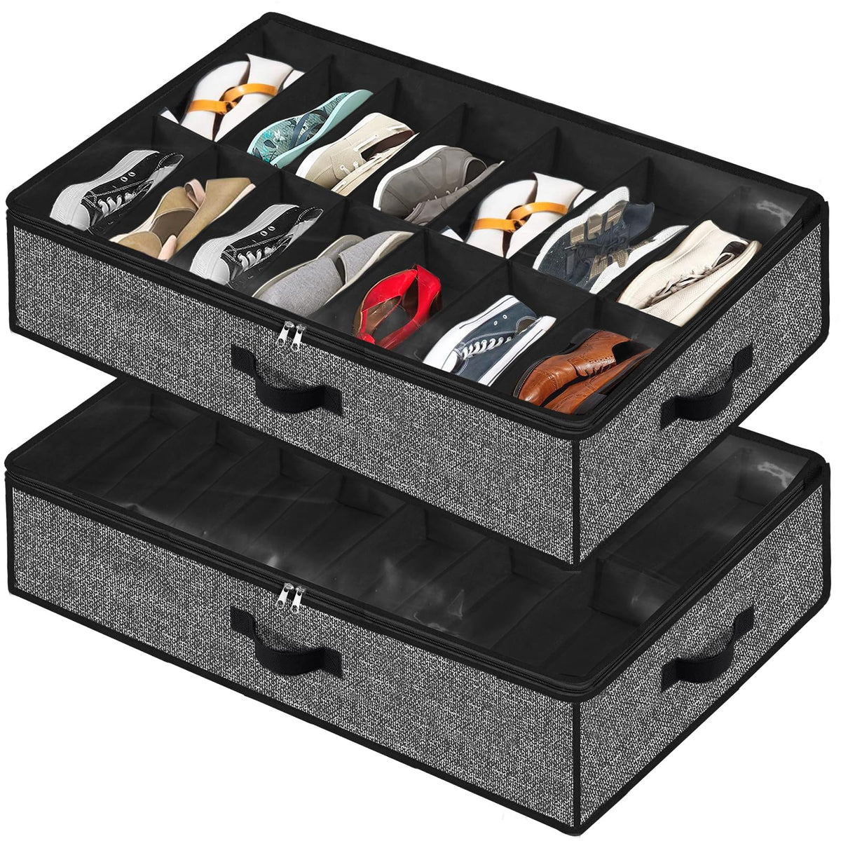 Meerainy Under Bed Shoe Storage Organizer for Closet 2 Pack- Fits 28 Pairs Underbed Shoes Container Boxes with 2 Sturdy Handles