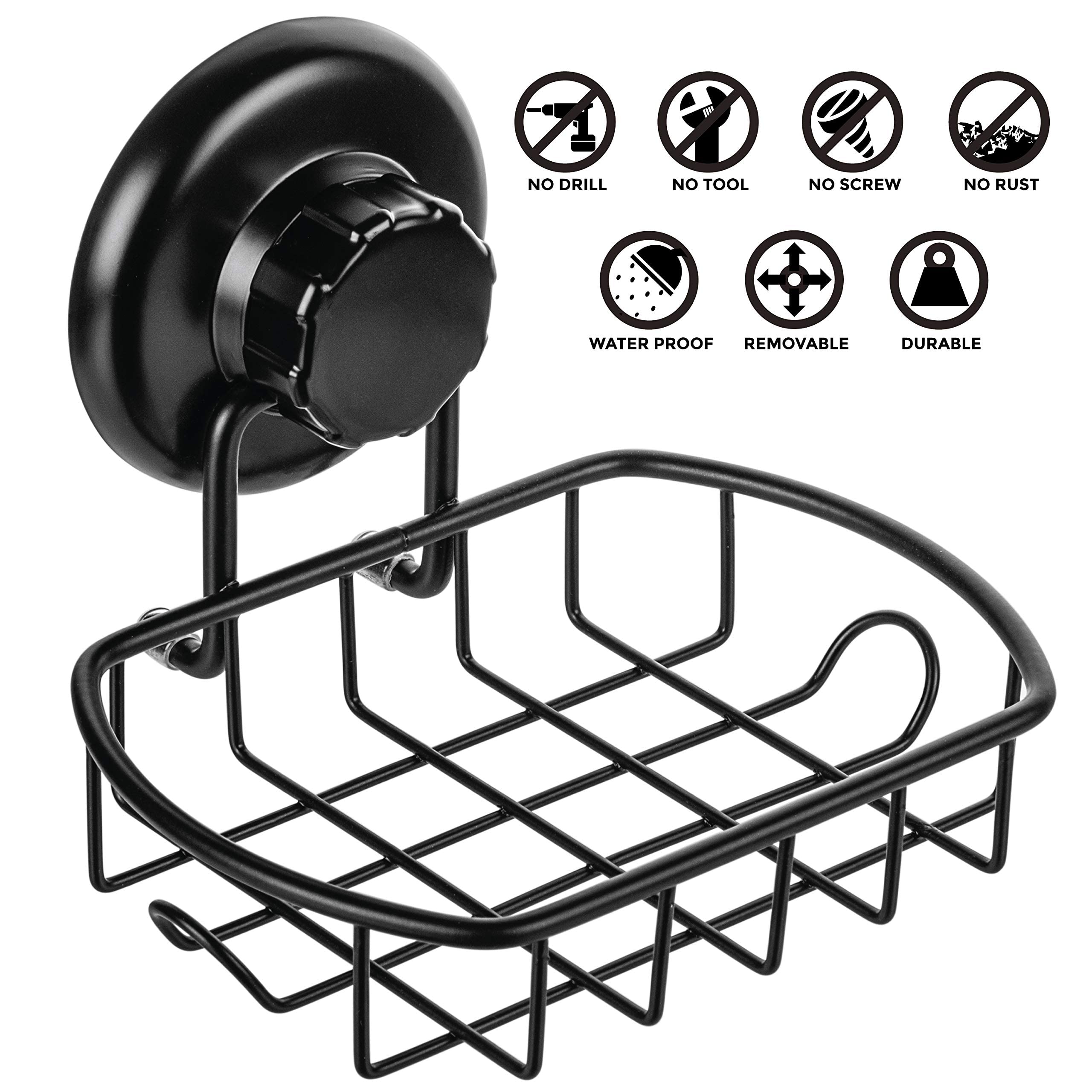 HASKO Suction Soap Dish - Rustproof SS304 Stainless Steel, Black, Powerful Vacuum Cup Holder for Bathroom & Kitchen - Model WERPOWER001