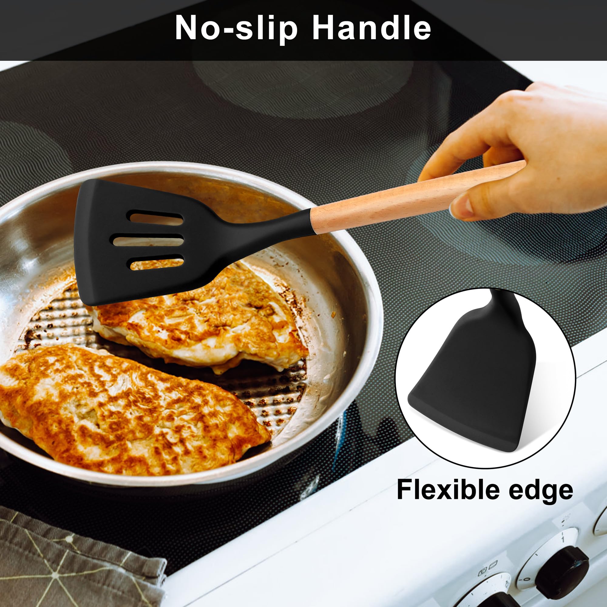 E-Far Silicone Spatula Turner, 2 Pack Heat Resistant Kitchen Spatulas For Nonstick Cookware, Rubber Solid Slotted Spatula Cookin