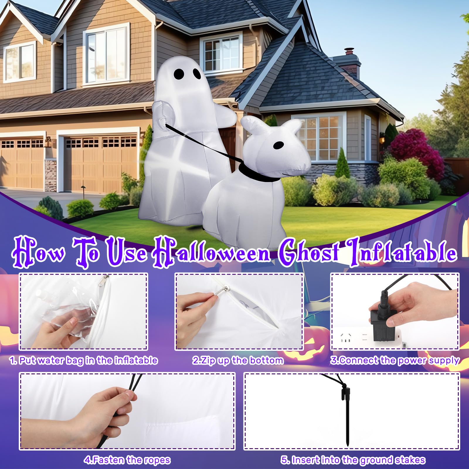 Leyndo 5 ft Halloween Inflatables Walking Ghost Dog Outdoor Decoration Halloween Blow up Yard Decorations with Built-in LED Ligh