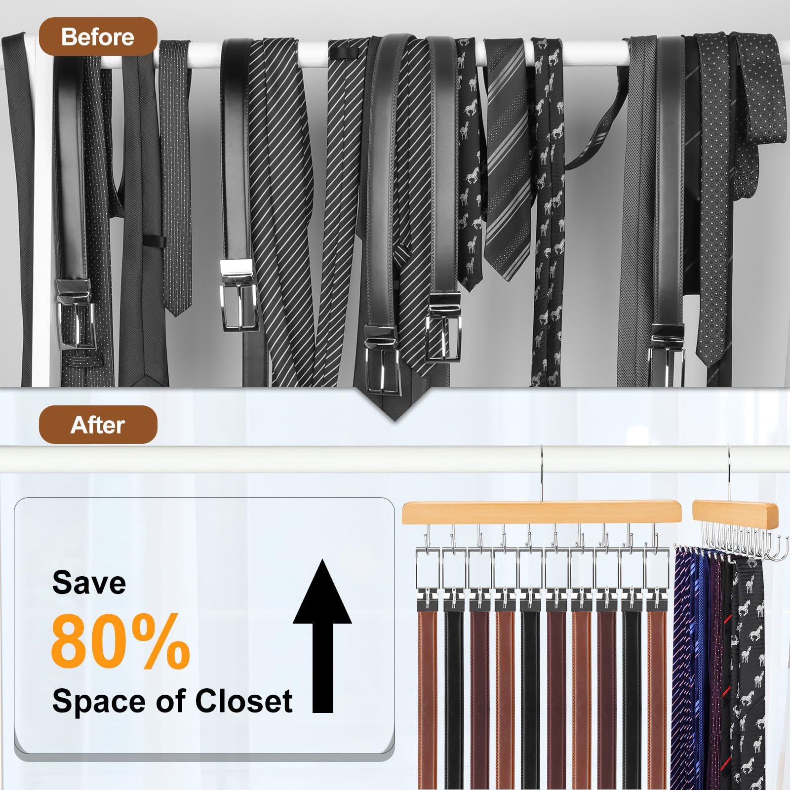 Topia Hanger 2 In 1 Belt Tie Hanger For Closet Max 30 Belts With 30 Ties Capacity, 20 Hooks Belt Tie Racks Wooden Hanger For Clo