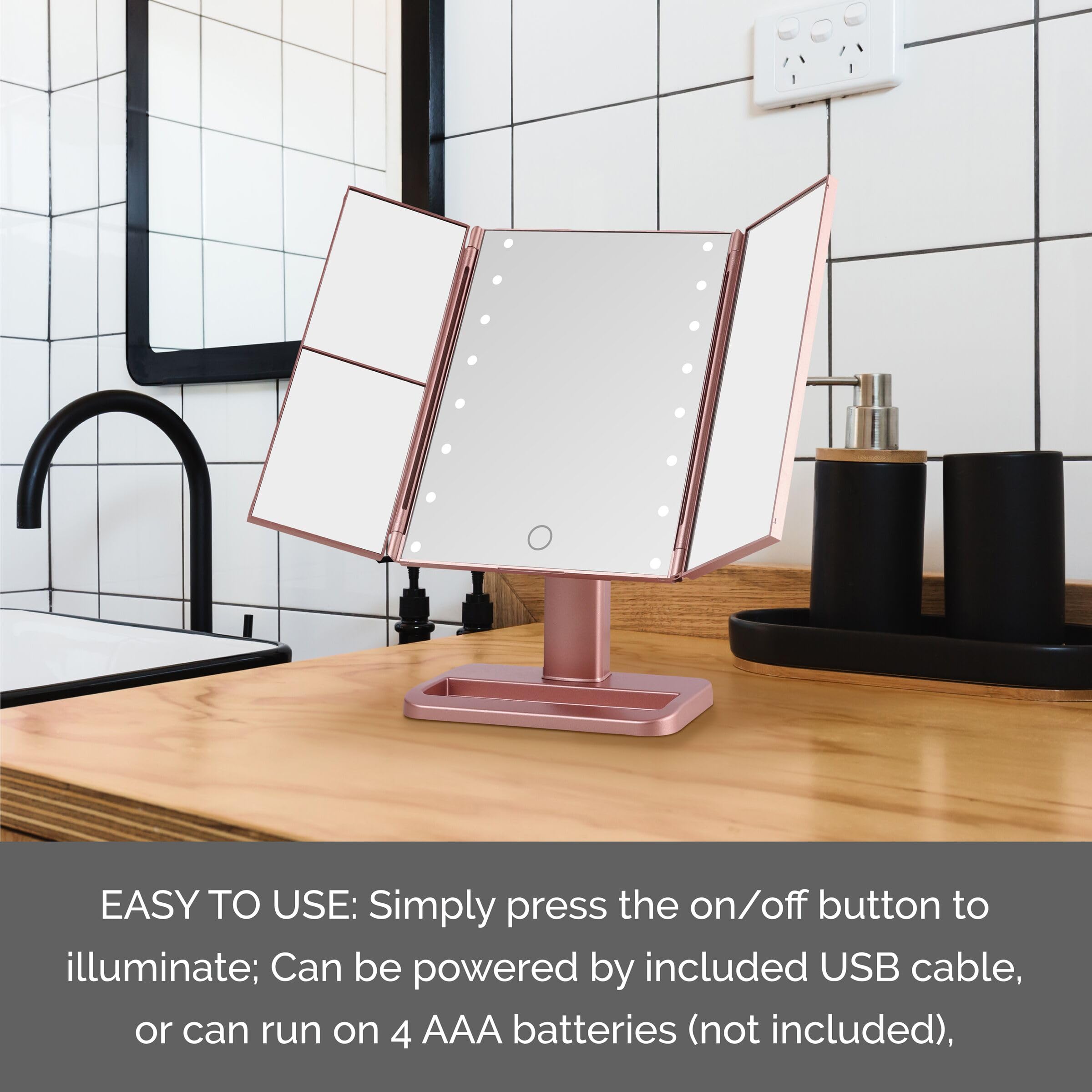 Melannco 7.09X4.69X11.61 Inch Rose Gold Tri Fold Led Vanity Mirror, 3 Magnifications And Dimmable Led Lights