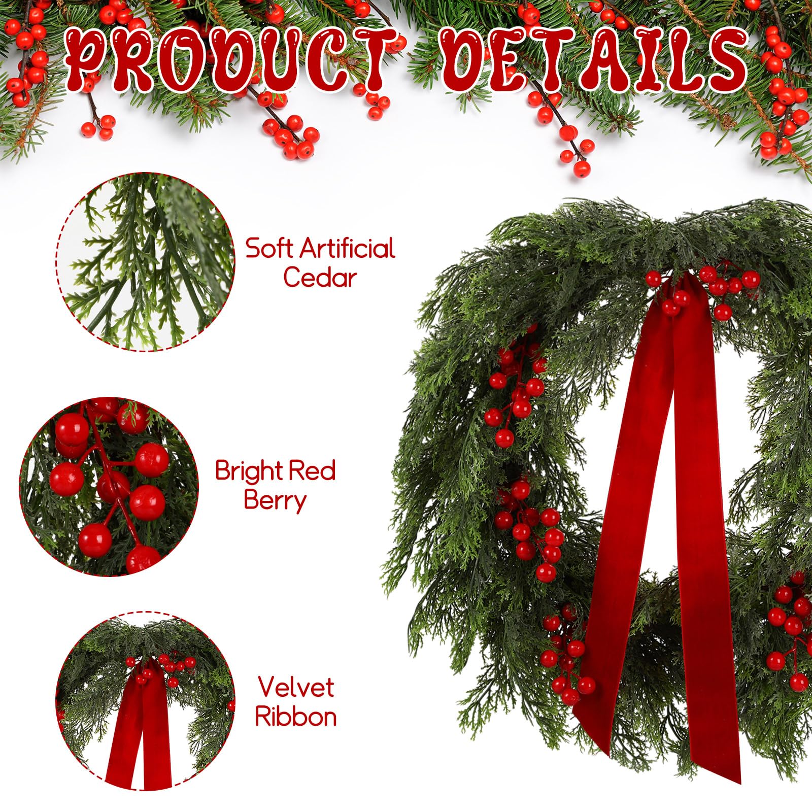 Suncalla 24'' Artificial Cedar Wreath for Front Door Christmas Wreaths Faux Cedar Decorated with Berry and Ribbons Xmas Wreath f