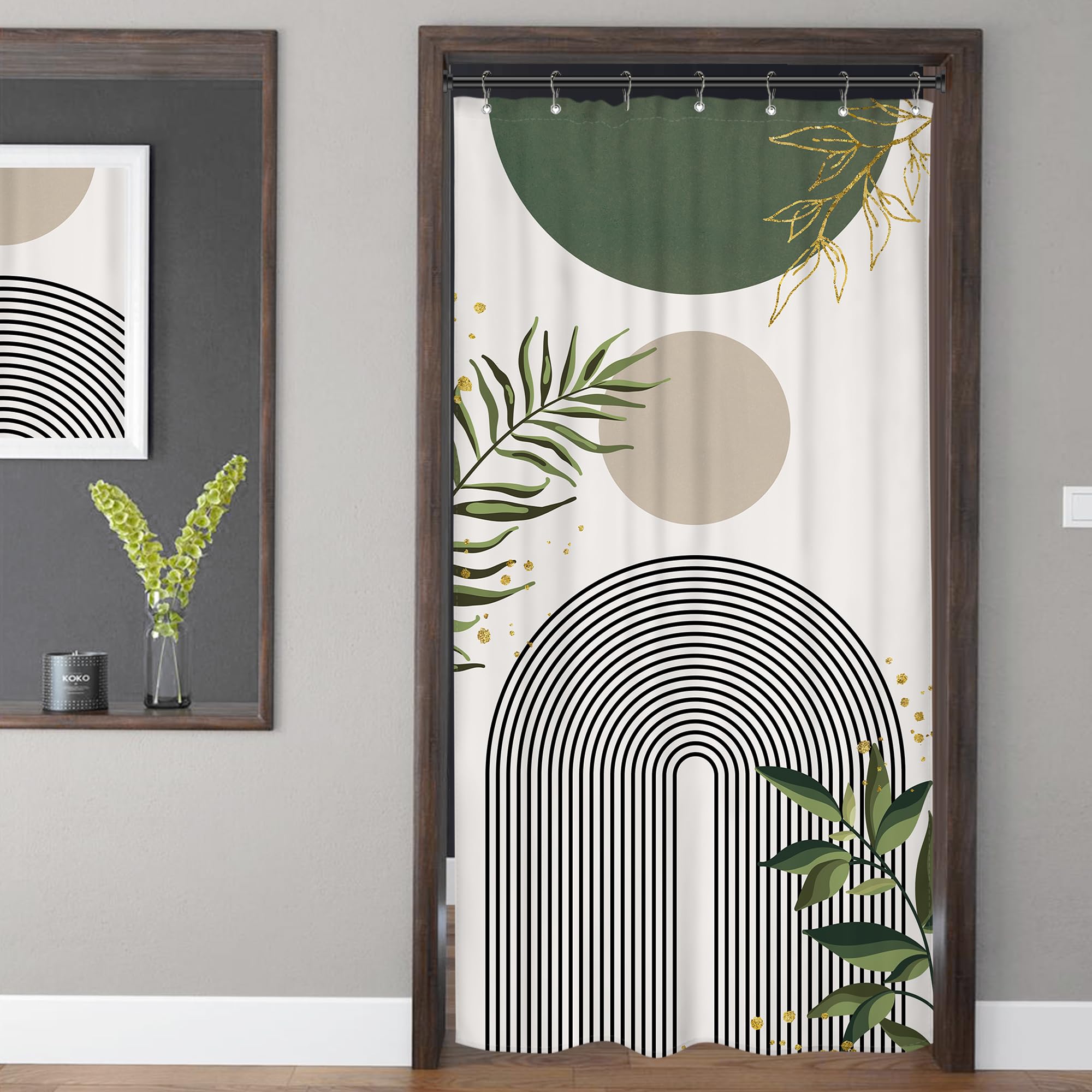 Mitpok Small Stall Rv Shower Curtain 36Wx72H Half Single Sage Green Modern Boho Mid Century Abstract Gold Leave Grey Plant Bathr