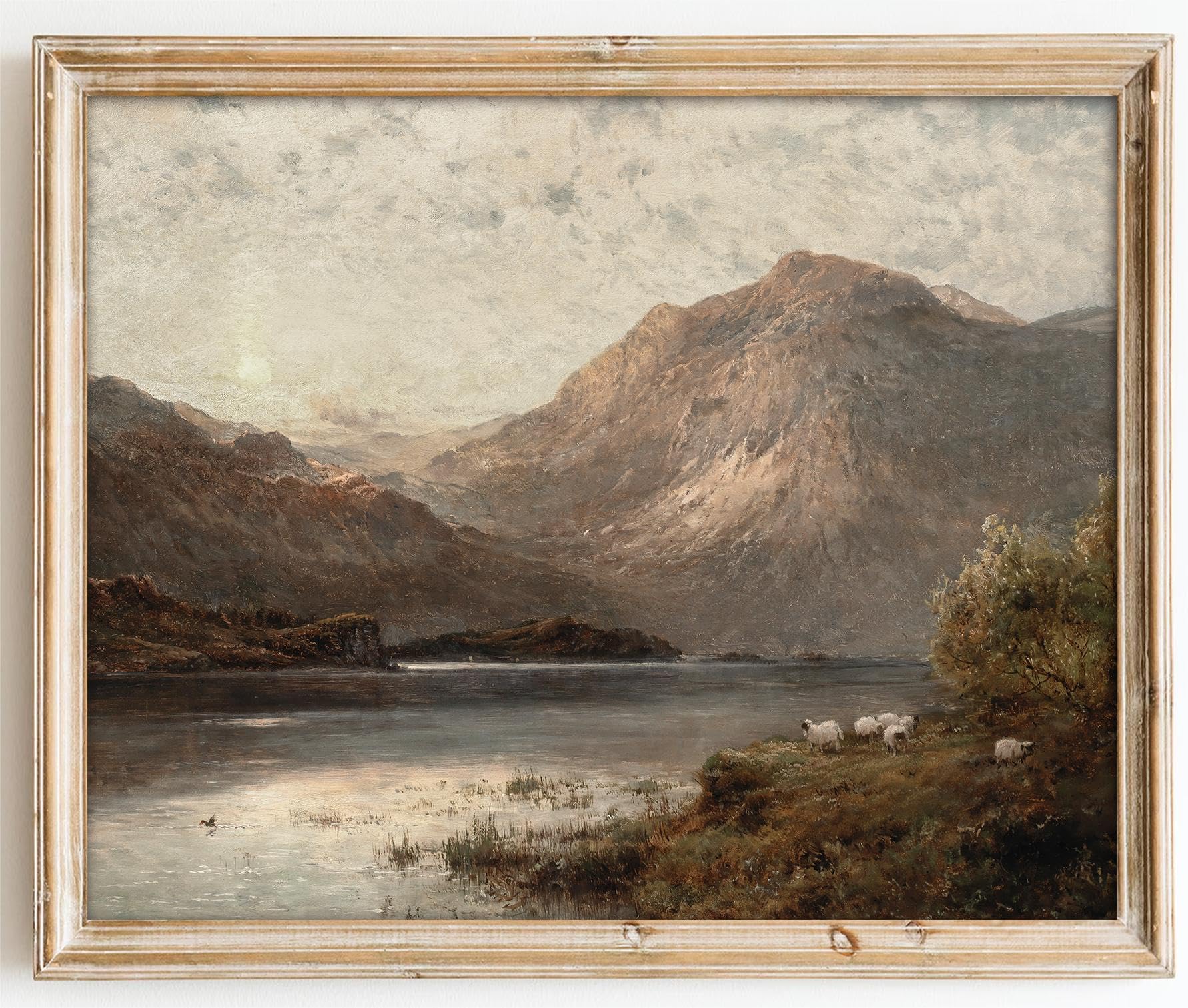 Kizbok Vintage Landscape Wall Art, Vintage Art Prints For Wall Decor Scotland Highland Mountain Sheep Lake Canvas Painting Pictu