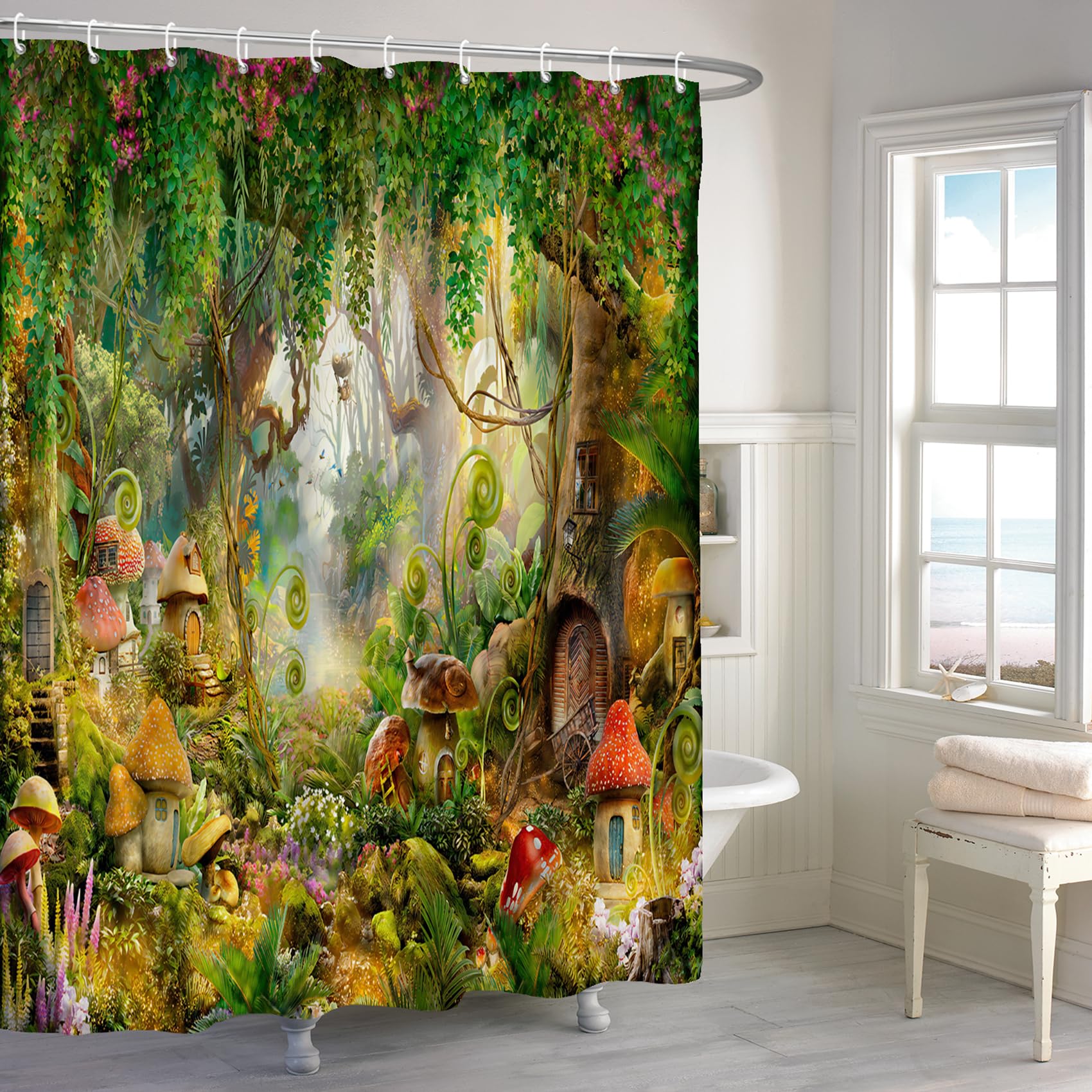 Renaiss 72X72 Inches Enchanted Forest Shower Curtain For Bathroom Fairy Tales Fantasy Mushroom Wonderland Jungle Fabric Shower C