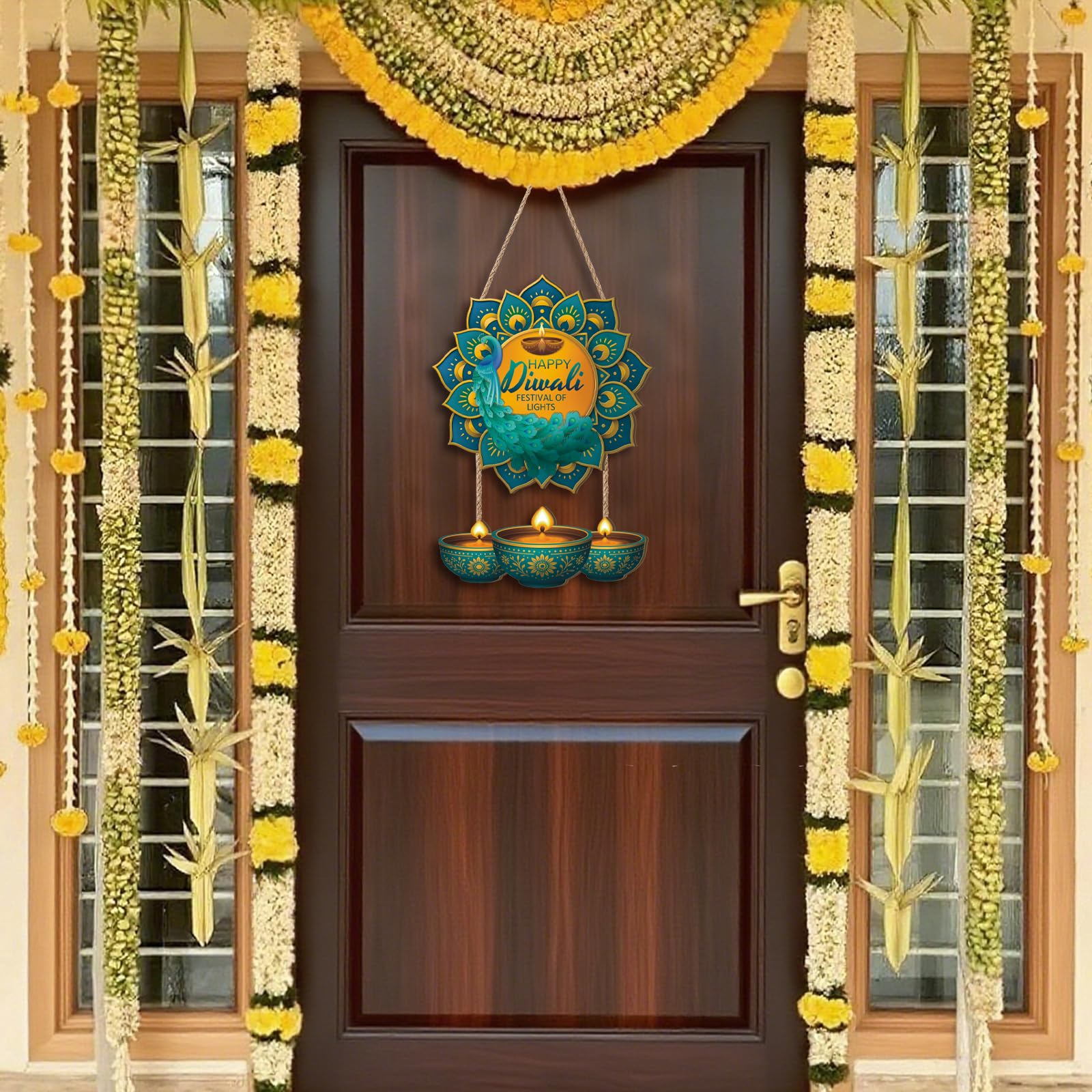 Celestdeco Happy Diwali Front Door Decor,Indian Festival of Lights Wall Hanging,Peacock Diwali Door Sign,Indian Deepavali Themed