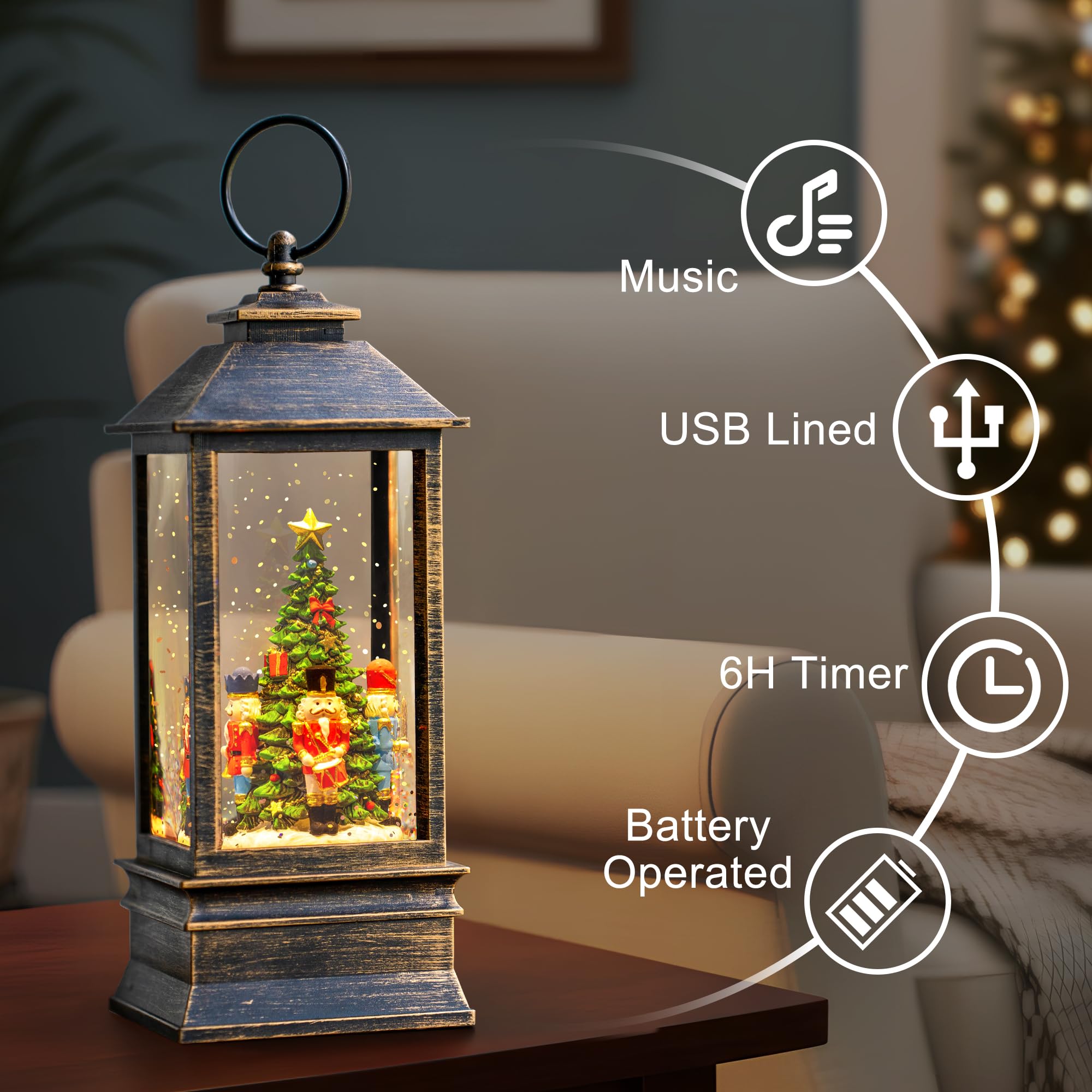 Christmas Snow Globe Water Lantern with Nutcracker Scene Battery Operated or USB Powered Musical Lighted Holiday Decoration for