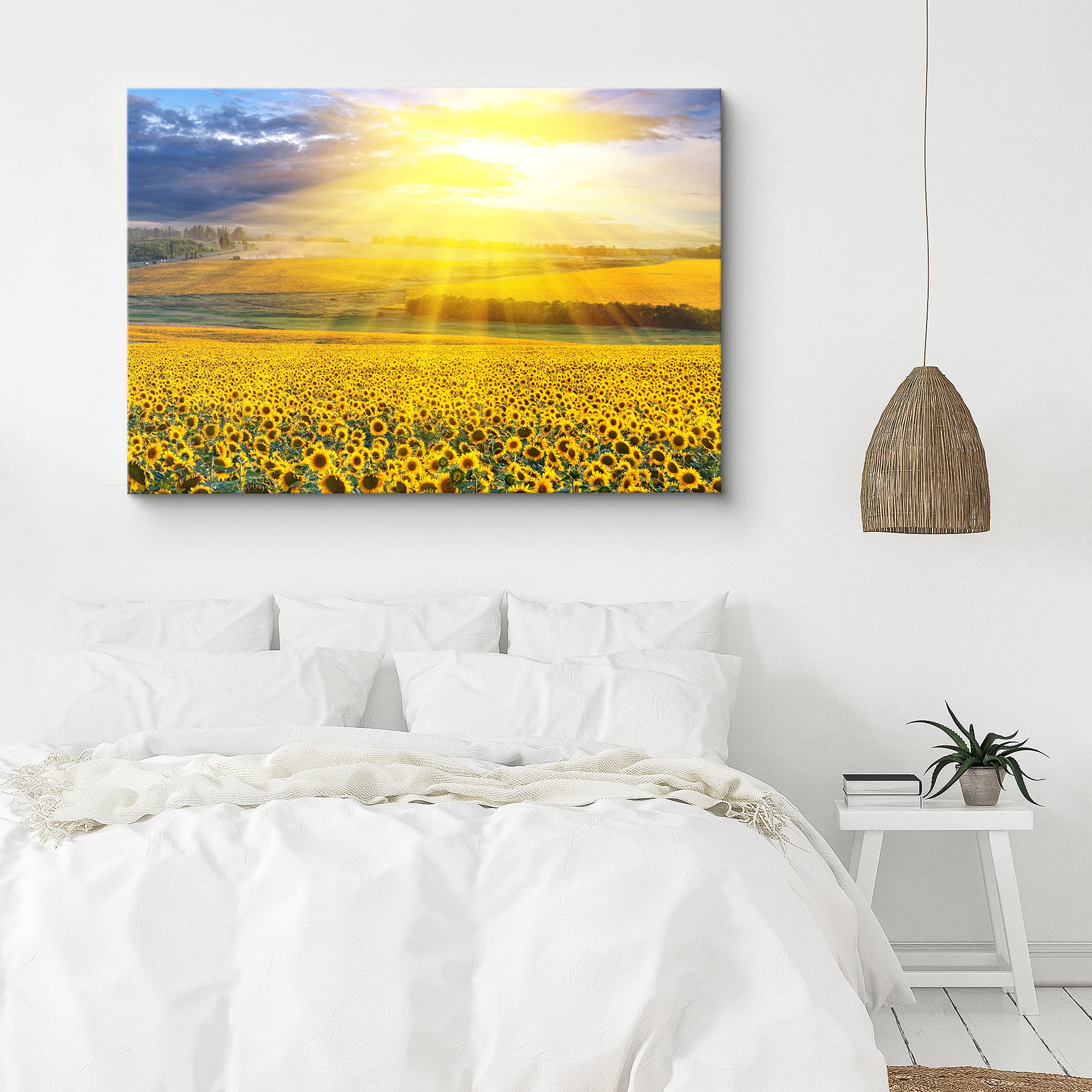 Signford Canvas Print Wall Art Sunlight Shines On Sunflower Field Floral Plants Photography Realism Contemporary Scenic Colorful