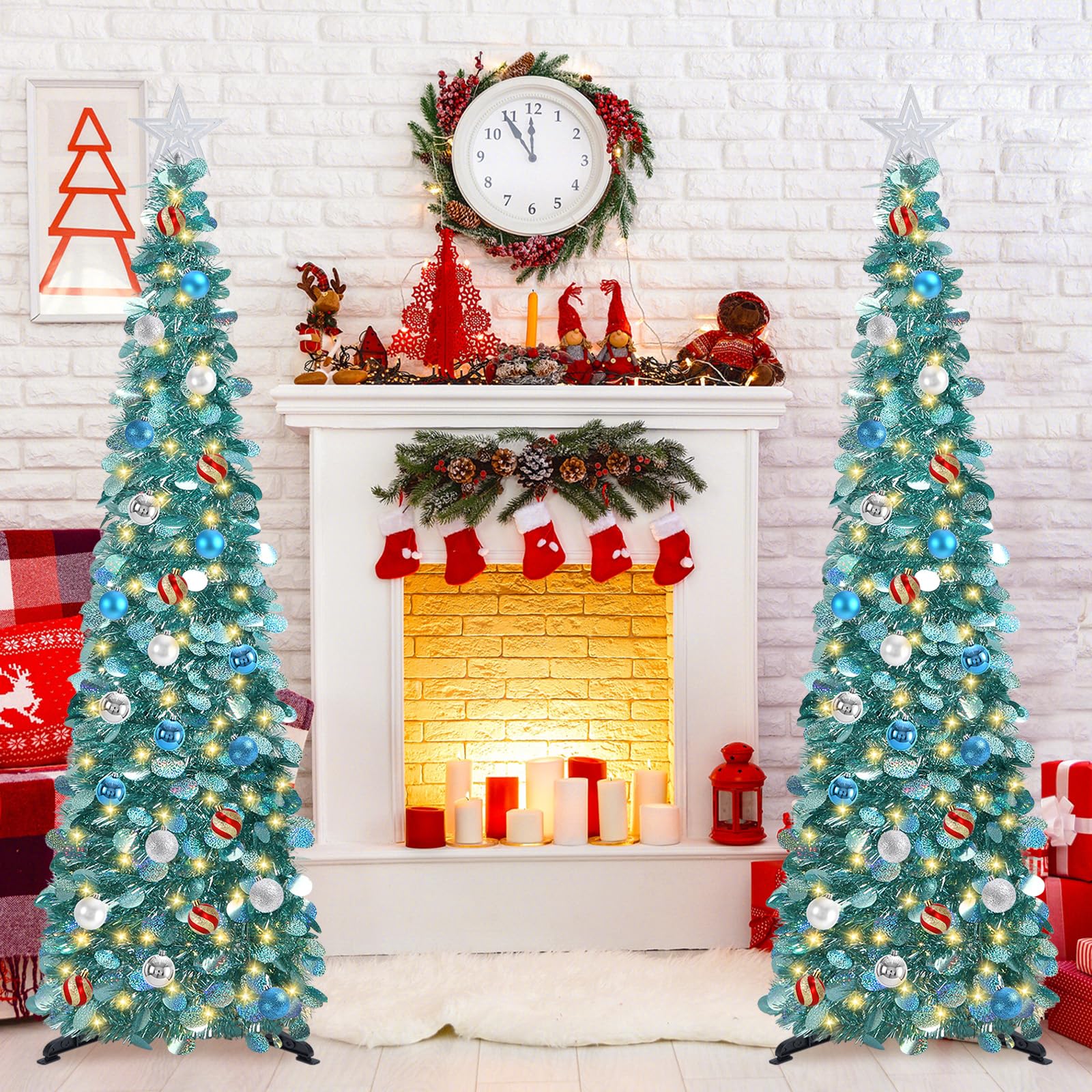 SINTENILL 5 FT Pop Up Christmas Tree with Timer Lights and Decorations, Ice Blue Artificial Tinsel Christmas Tree with 24 Ball O