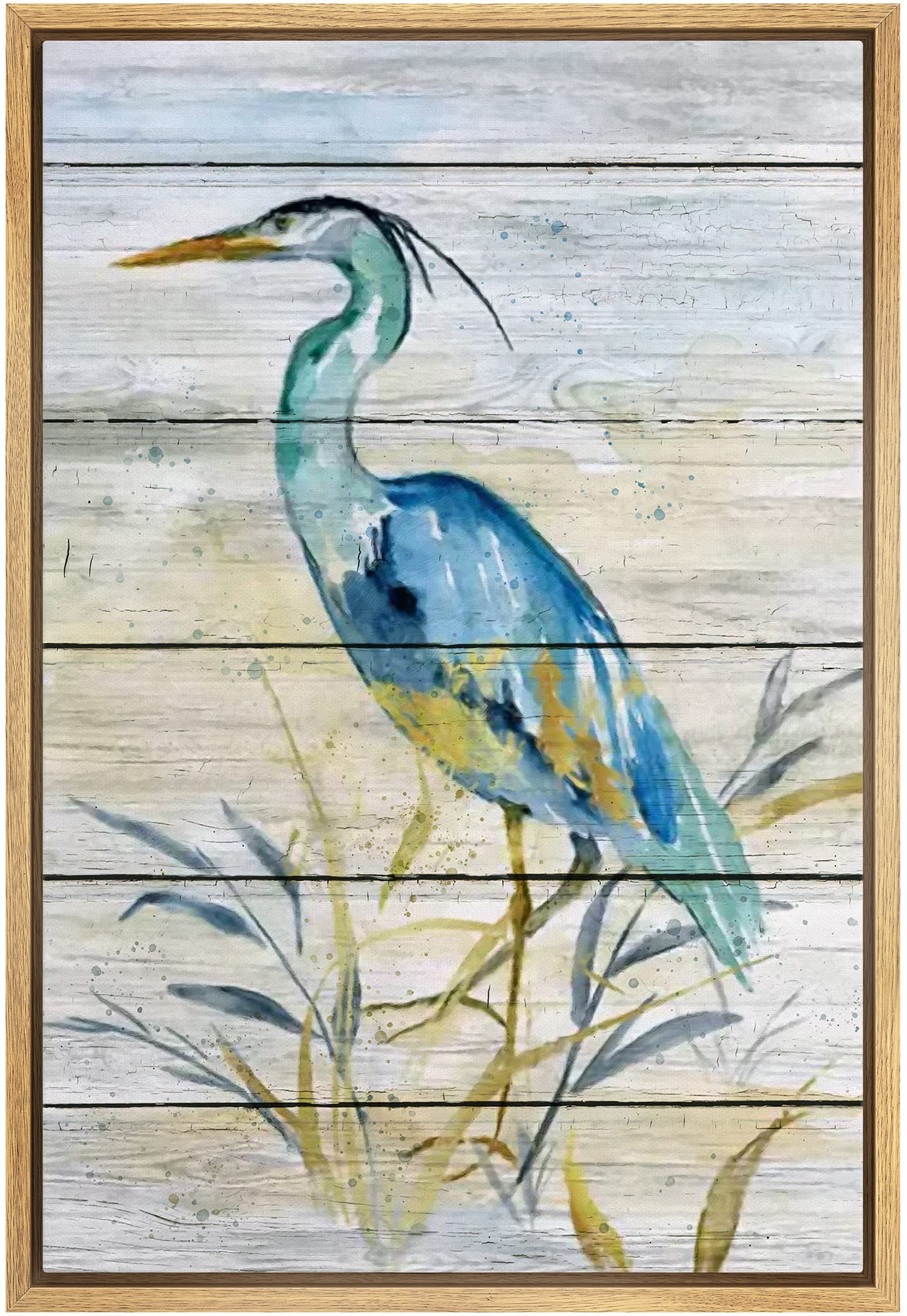 Wall26 Framed Canvas Print Wall Art Vintage Wood Panel Beach Crane Bird Nature Wilderness Illustrations Modern Art Decorative Ru