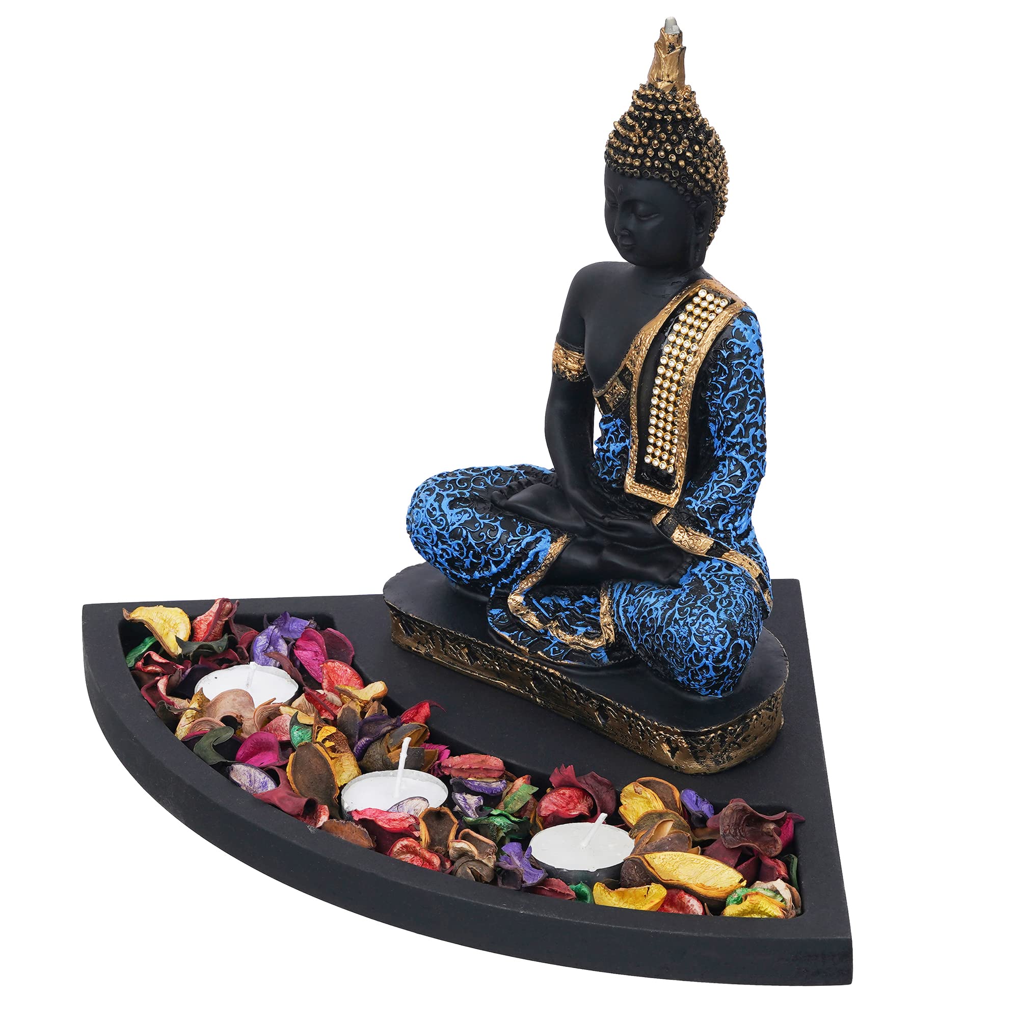 Ecraftindia Blue Resin Meditating Lord Buddha Statue Tea Light Candle Holder| Buddha Idol Tea Light Holder Diwali Decoration Ite