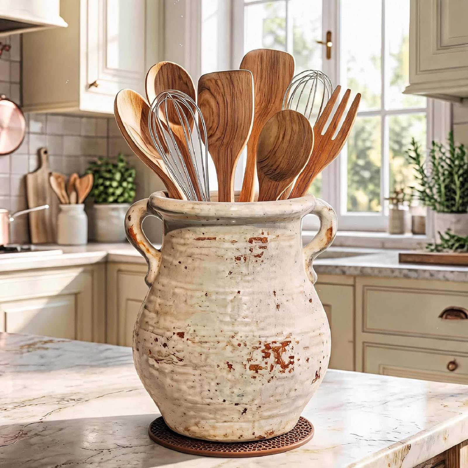 YBHLXZSD Ceramic Utensil Holder, Farmhouse Crock for Kitchen Countertop