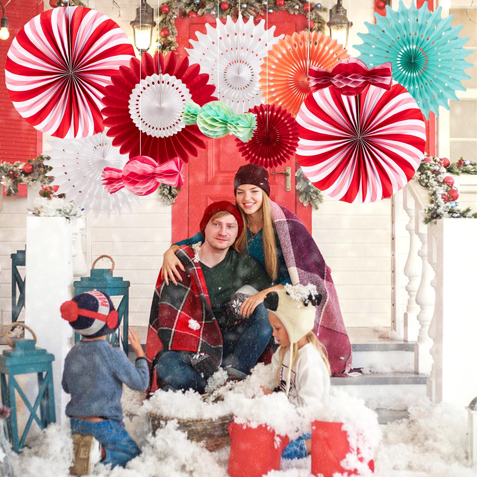 Christmas Hanging Paper Fans Decoration Christmas Peppermint Candy Hanging Ornaments Party Ceiling Hangings Deco Candy Tissue Pa