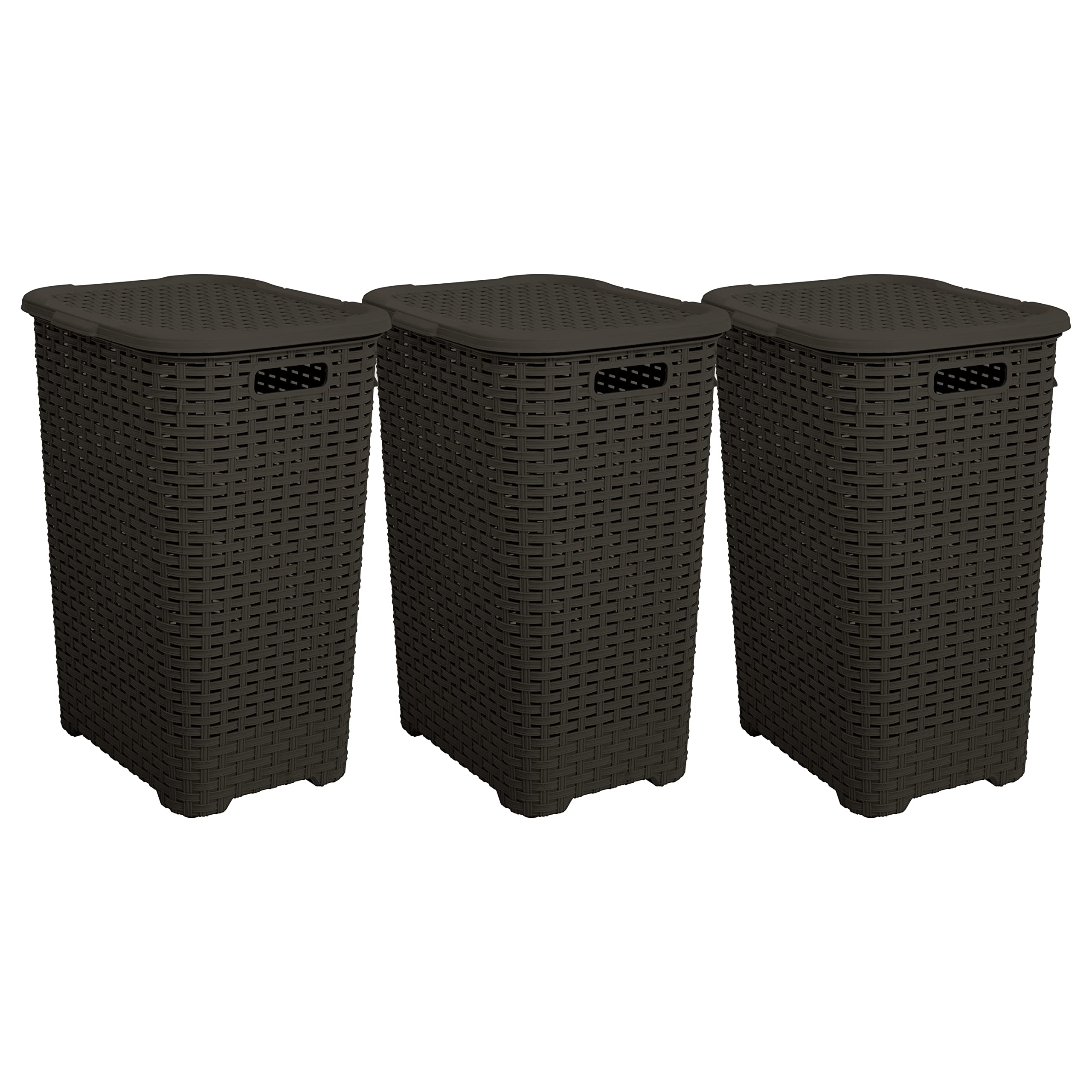 Plastic Laundry Hamper With Lid 3 Pack Laundry Hamper Basket, Brown Tall Cloths Hamper Organizer With Cut-Out Handles. Space Sav