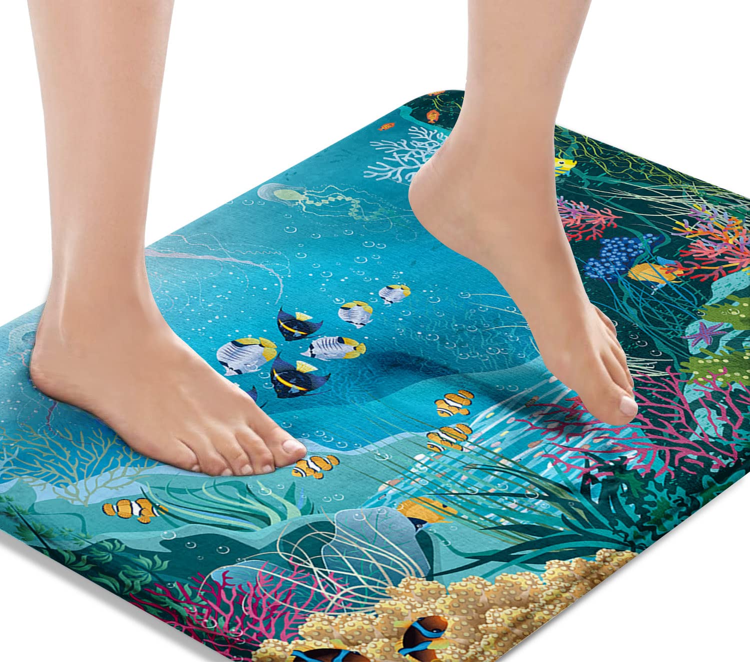 Britimes Blue Sea Bath Mat,Water Plants And Tropical Fishes Summer Bathroom Rugs No Silp,Undersea Sence Washable Cover Floor Rug